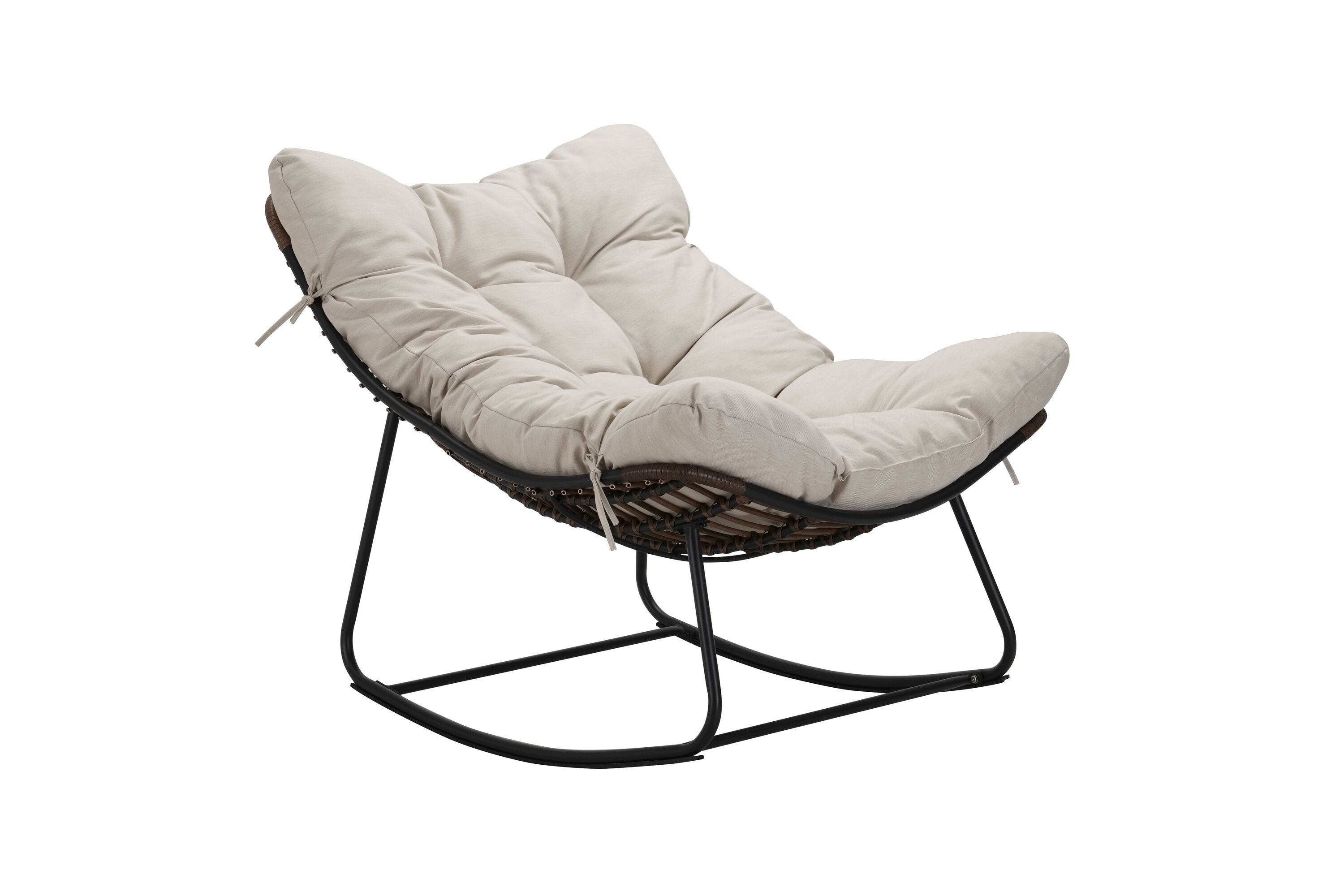 Runesay QCPATIO-16 Rocking Chair Wicker Dark Gray Metal Frame Rocking Chair with Off-white Cushioned Seat