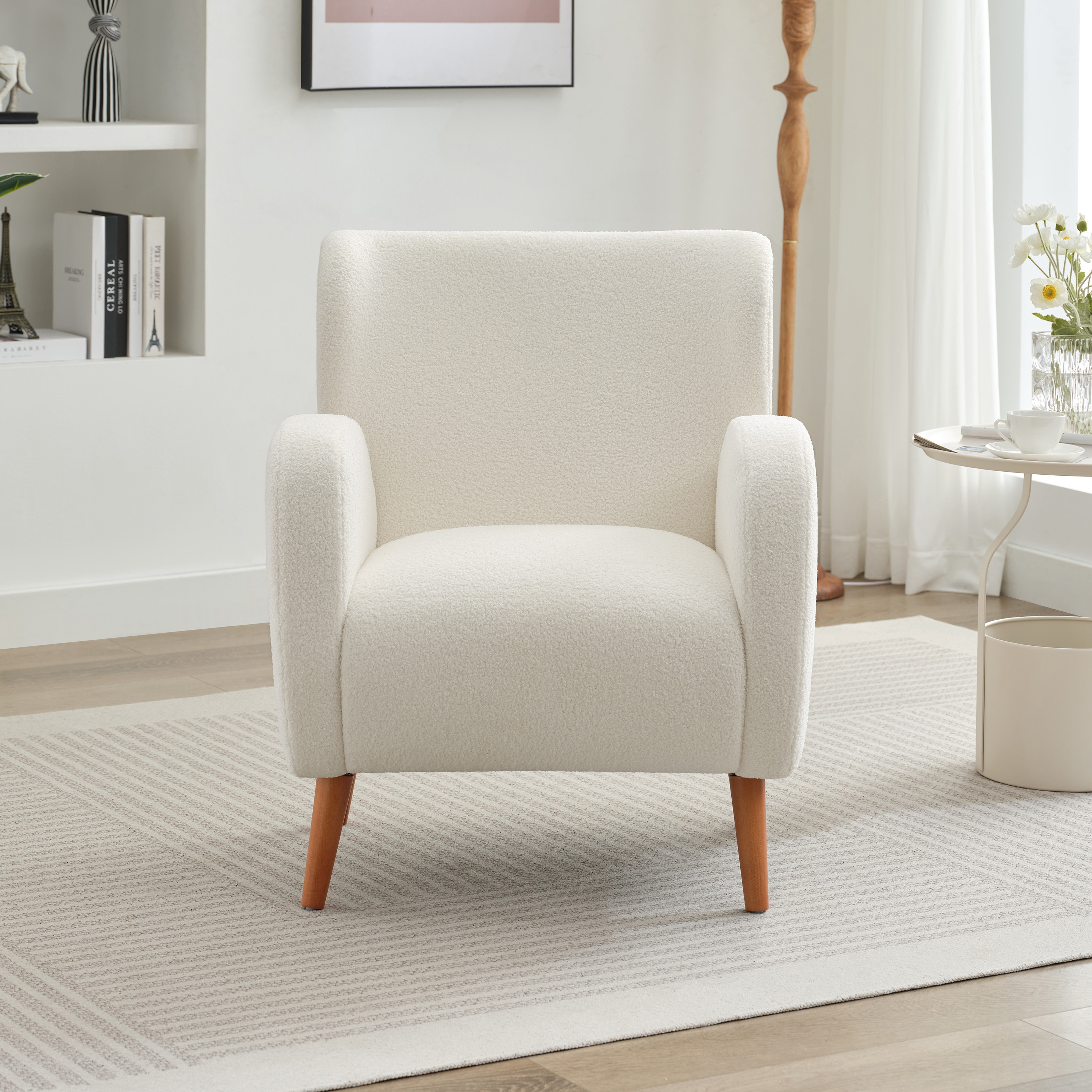 Beige Boucle Wingback Accent Chair with Wood Legs