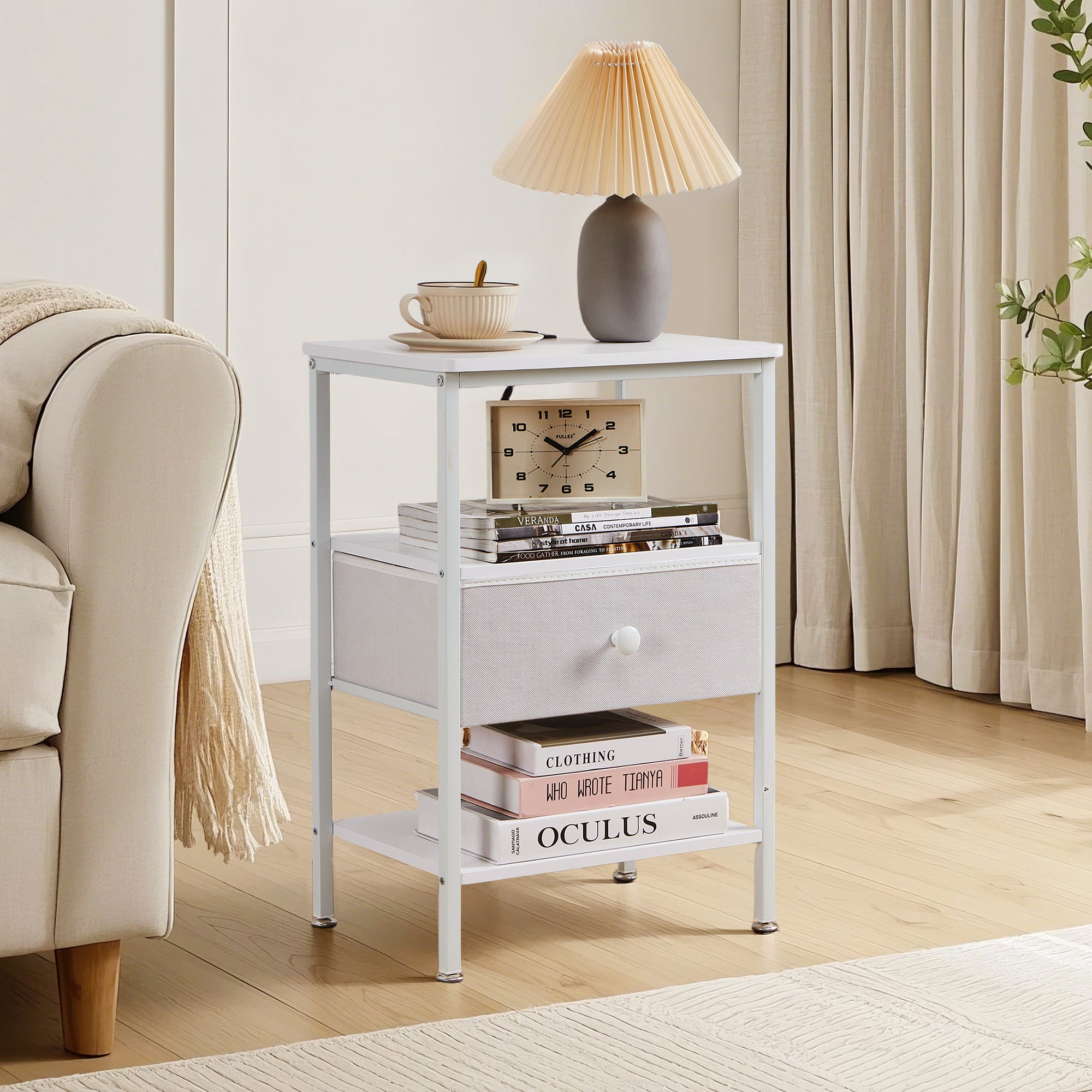 Vecelo LOE-MX-CNS02-WHT Nightstand with Charging Station End Side Table with Fabric Drawer 2 USB Ports and AC Outlets Open Storage Shelf White