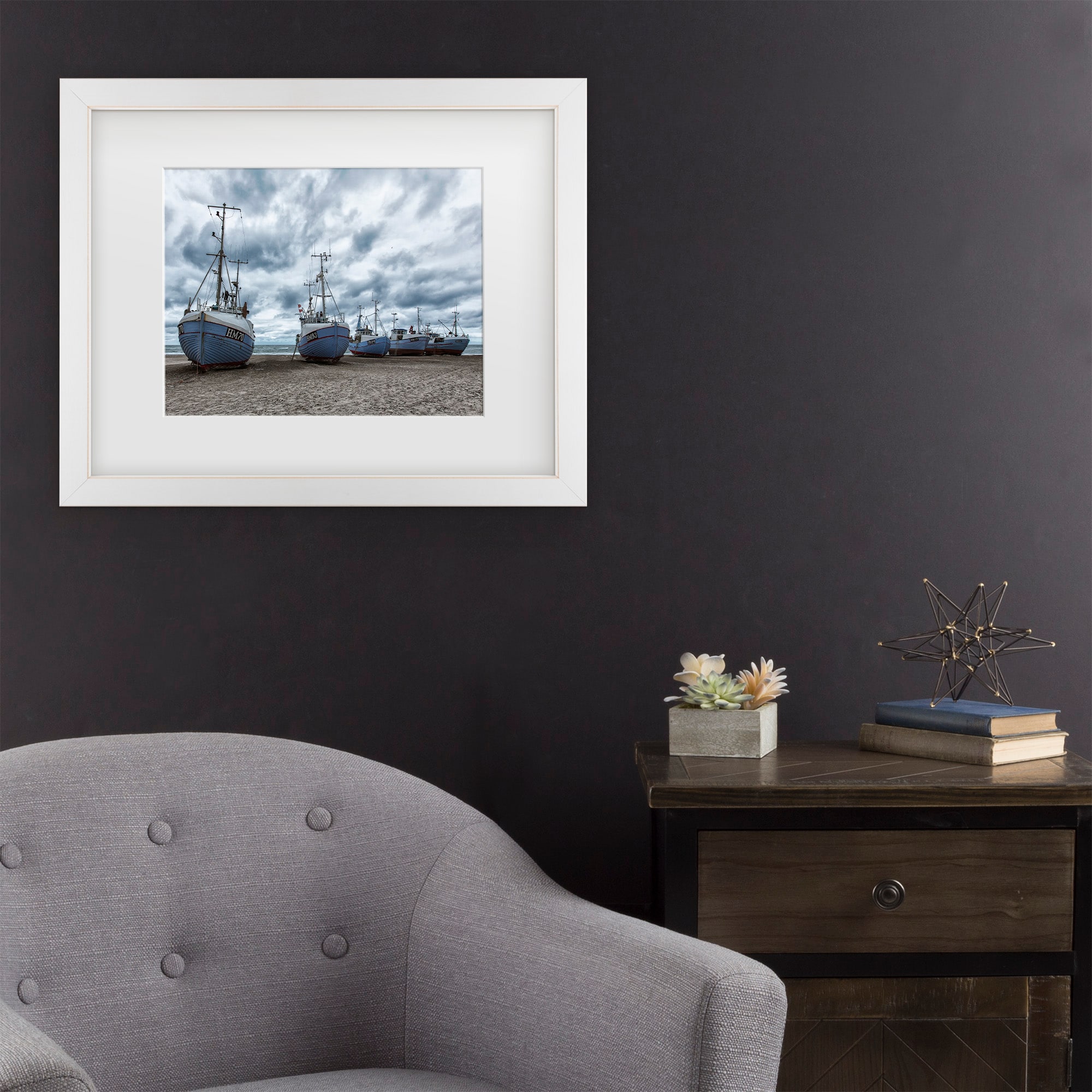 Trademark Fine Art 1X10870-E1114MF West Coast Fishing Boats Leif Londal White Frame Wood Framed 11-in H x 14-in W Modern Canvas Print