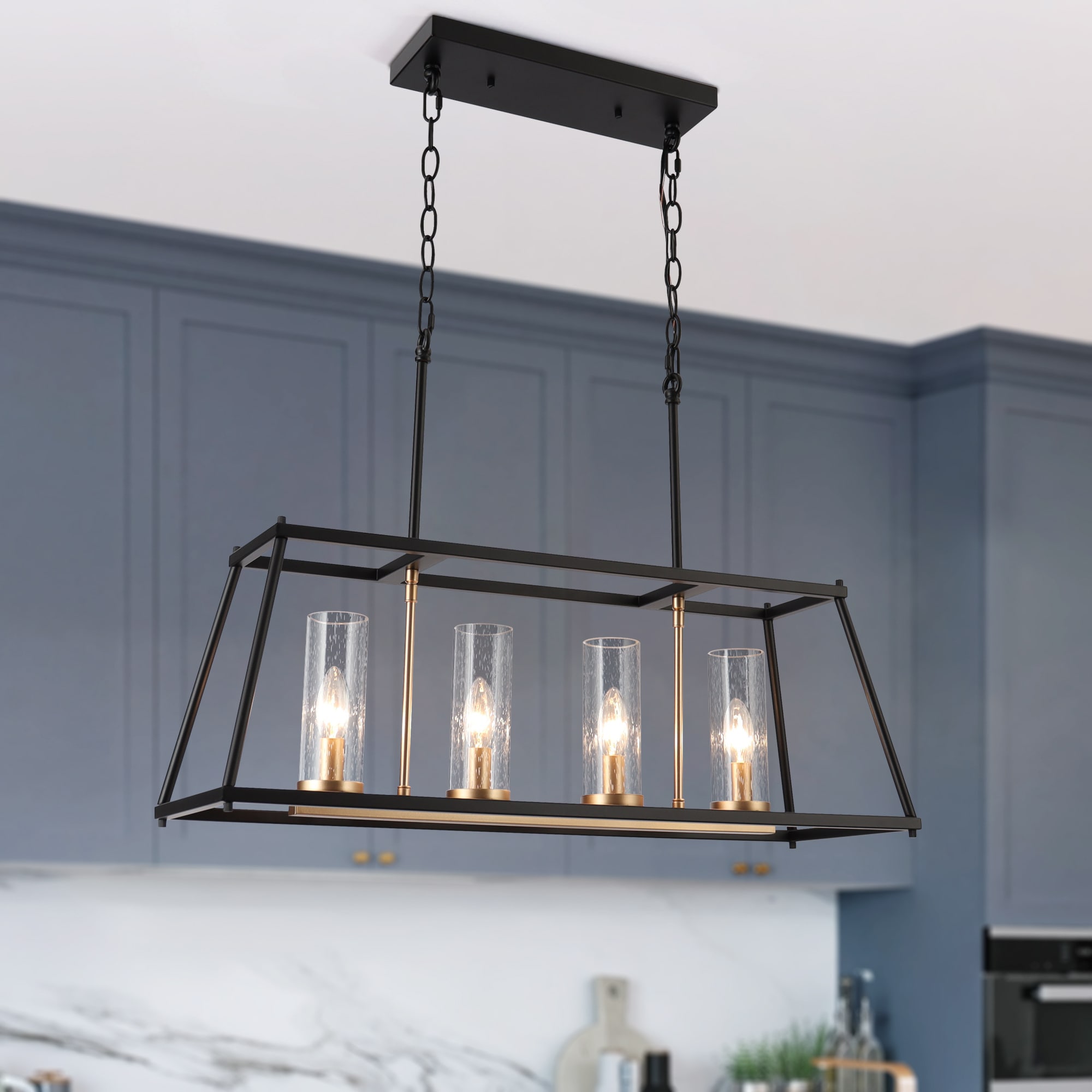 ZEVNI L3QFR6BBW4474S57 Elvia Modern 4 -Light Matte Black Gold Dining Room Chandelier Modern/contemporary Seeded glass Linear Large Hanging Kitchen island light