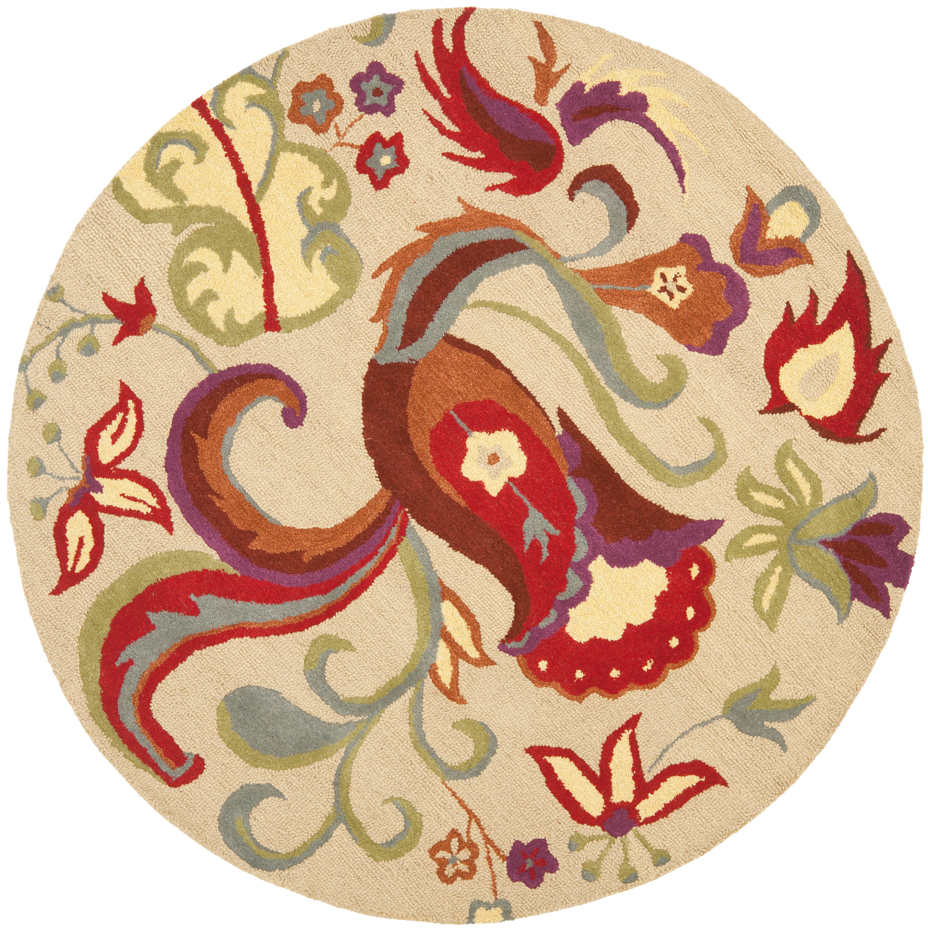 Beige Floral Wool 6' Round Tufted Area Rug