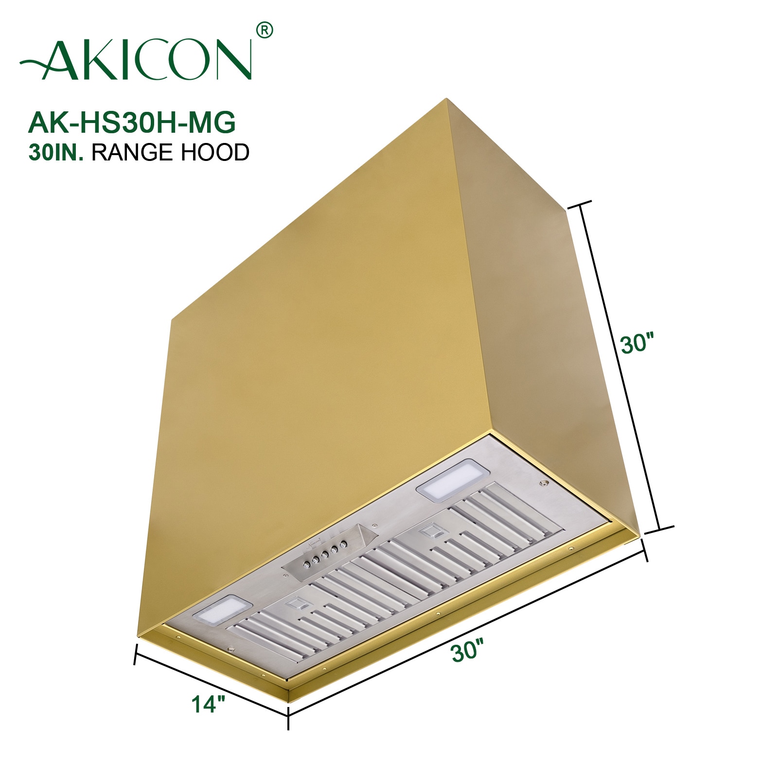 Matte Gold Stainless Steel Wall Mounted Range Hood with Charcoal Filter