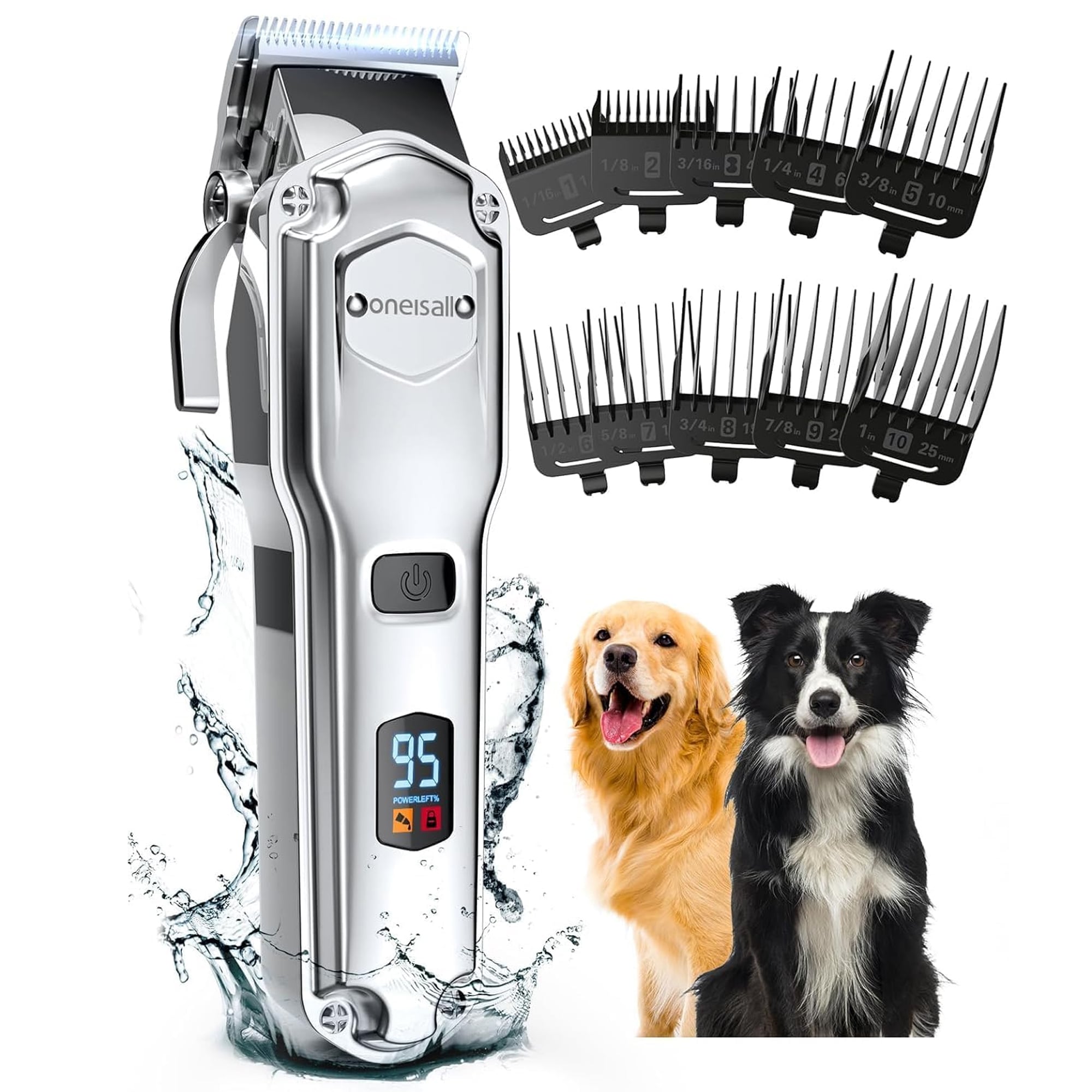 oneisall Rechargeable Cordless Dog Clippers for Thick Coats with Stainless Steel Blades Waterproof Pet Grooming Shaver