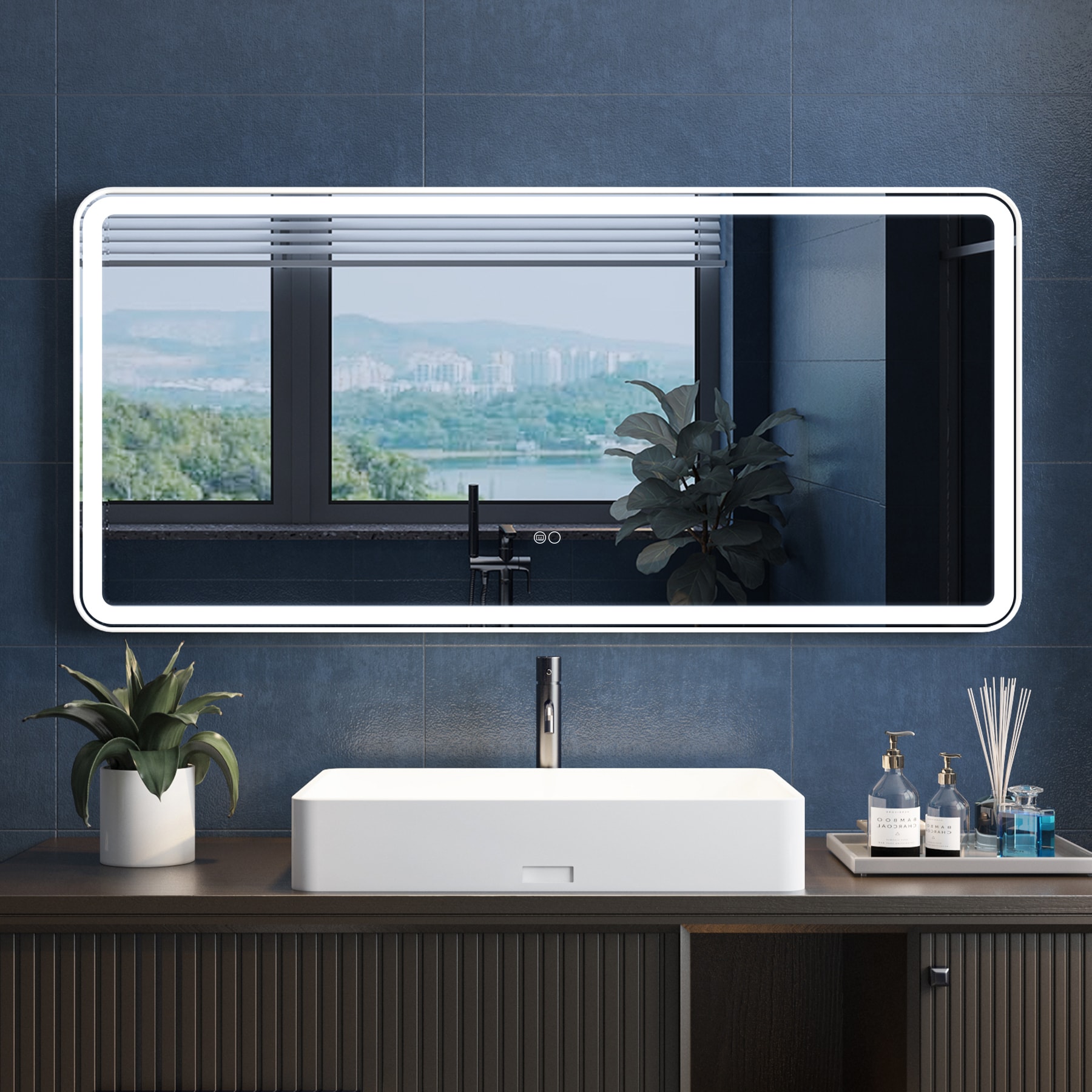 Forclover 60-in x 28-in Framed Rectangle Dimmable LED Lighted Fog Free Bathroom Vanity Mirror ( White Framed )