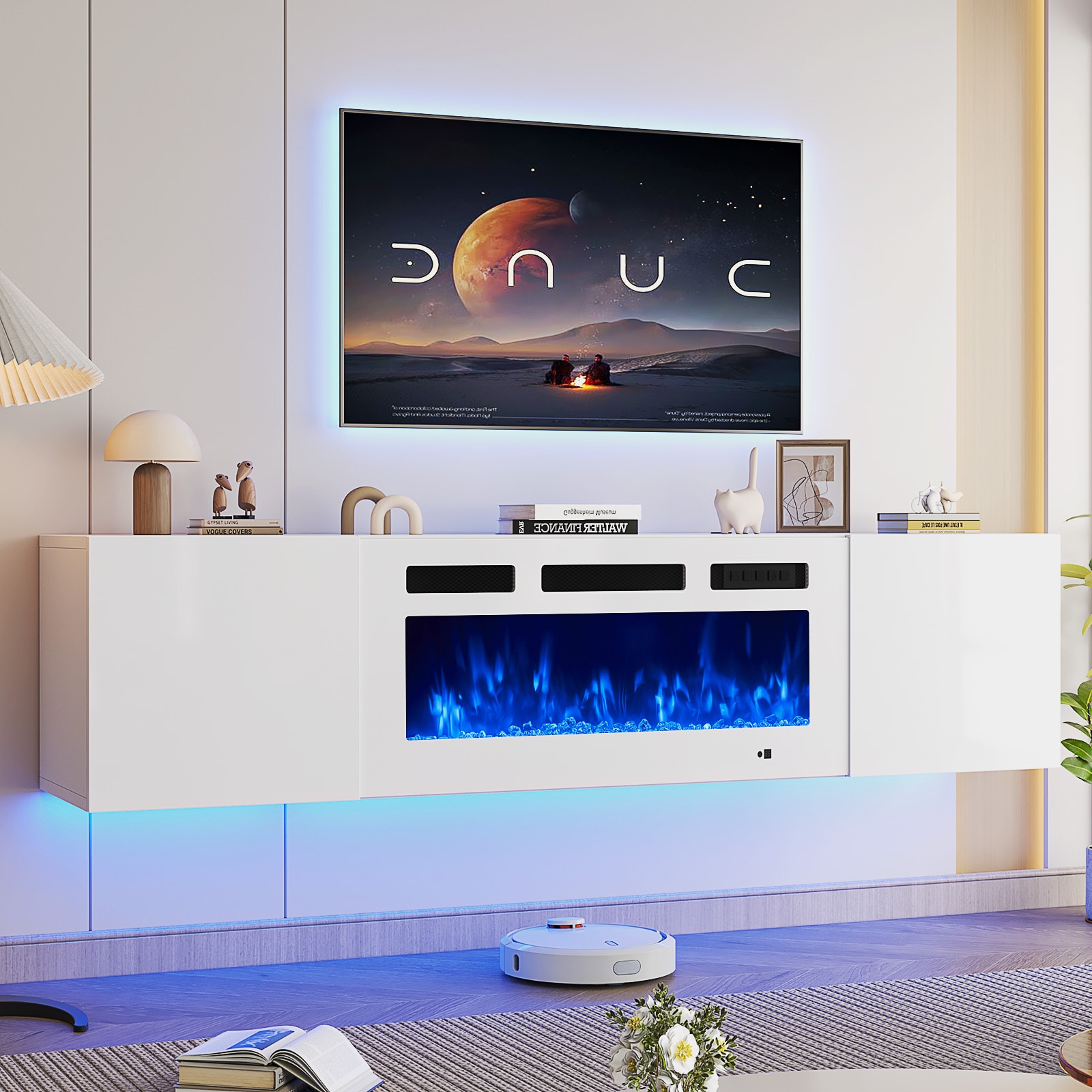 AOXUN 70-in W White TV Stand with Infrared quartz Flat wall Electric Fireplace with Remote Control Included #AX-302WW