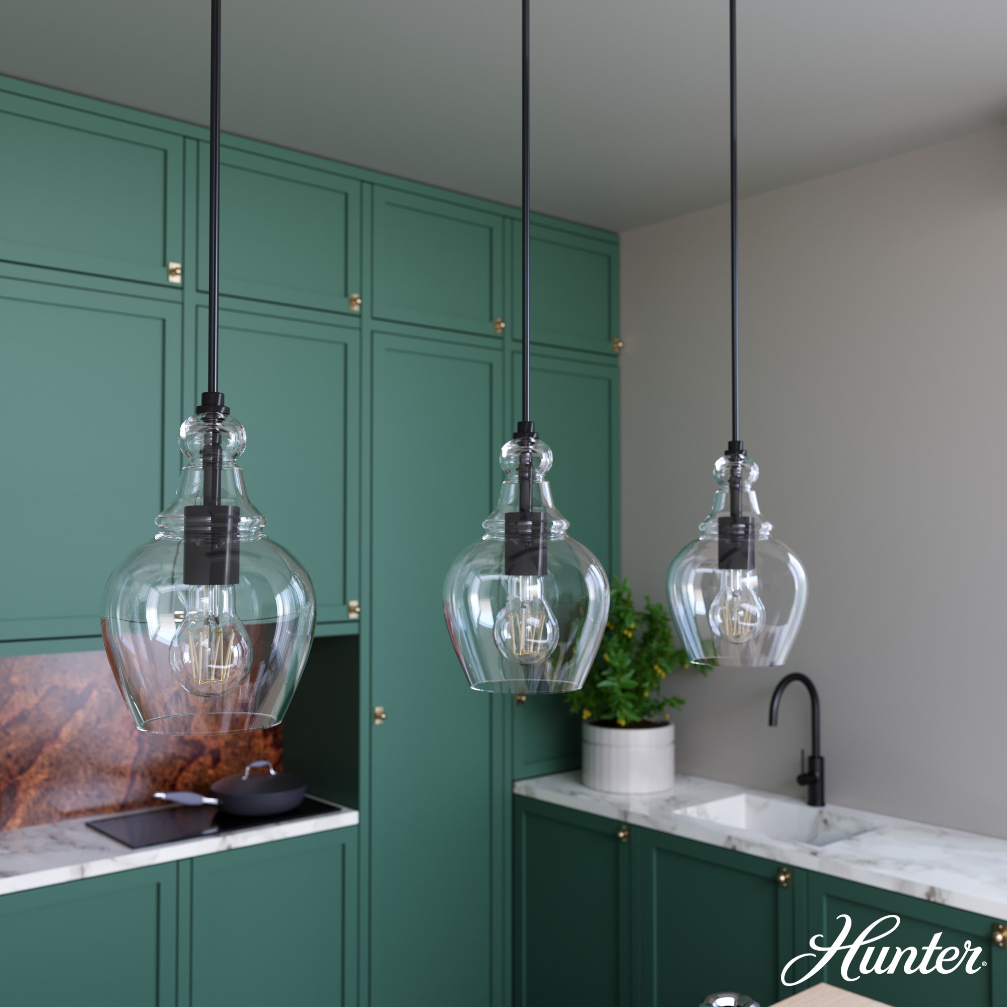 Hunter 19900 Maple Park 3 -Light Noble Bronze Transitional Clear glass Linear Large Hanging Pendant light