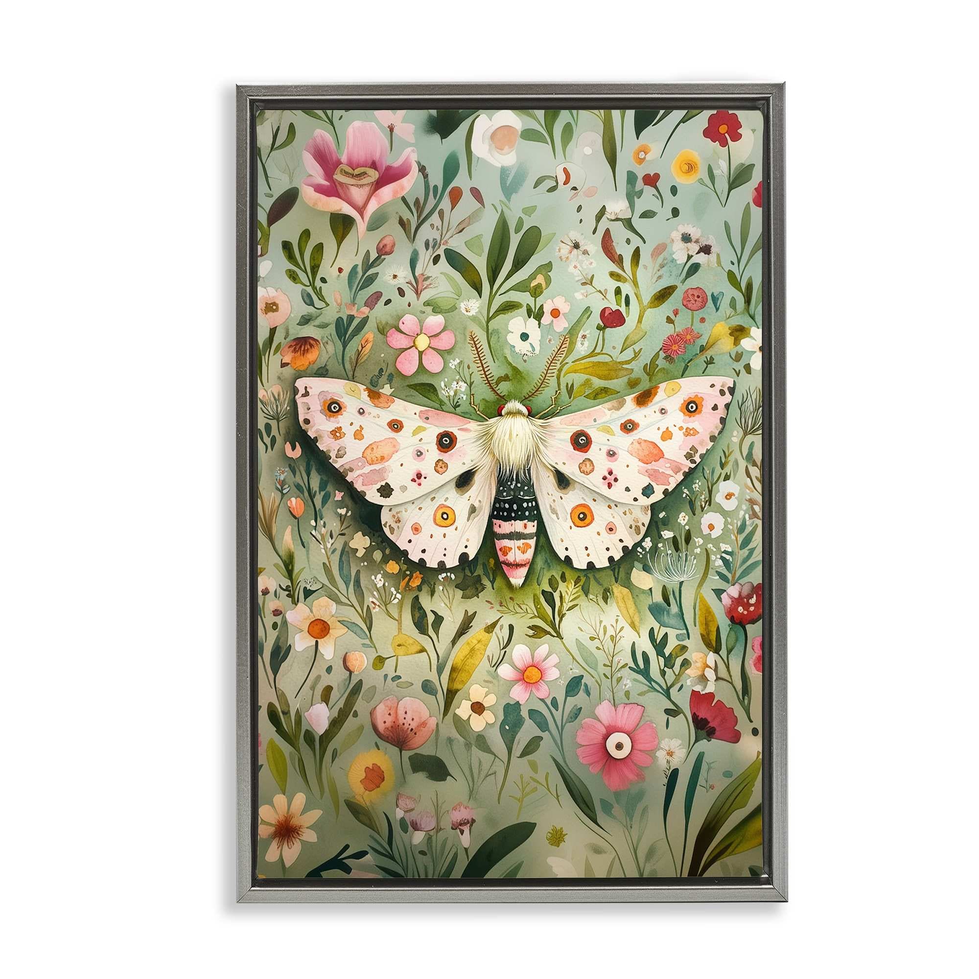 Stupell Industries BT-877-FFL-16X24 Floral Moth and Botanicals Gray Framed Floater Canvas Wall Art By The Dutch Lady 17 x 25