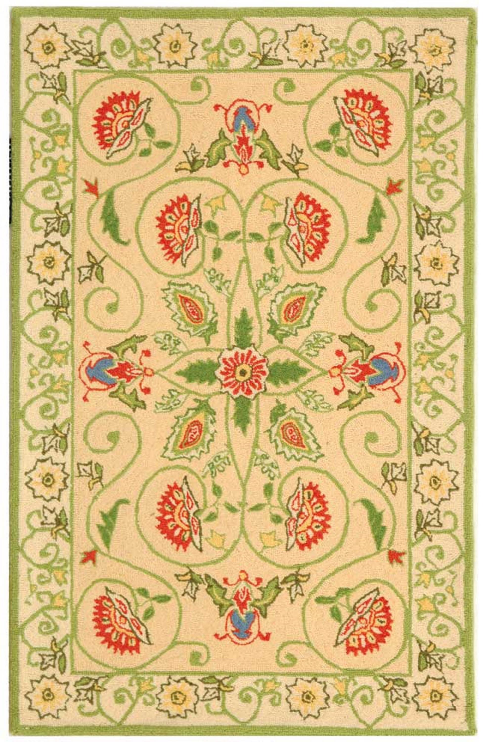 Beige and Green Floral Hand-Knotted Wool Area Rug