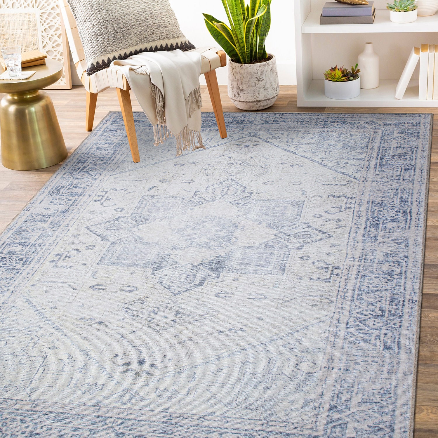 Blue Medallion Flat Woven Washable Synthetic Area Rug 5' x 7'