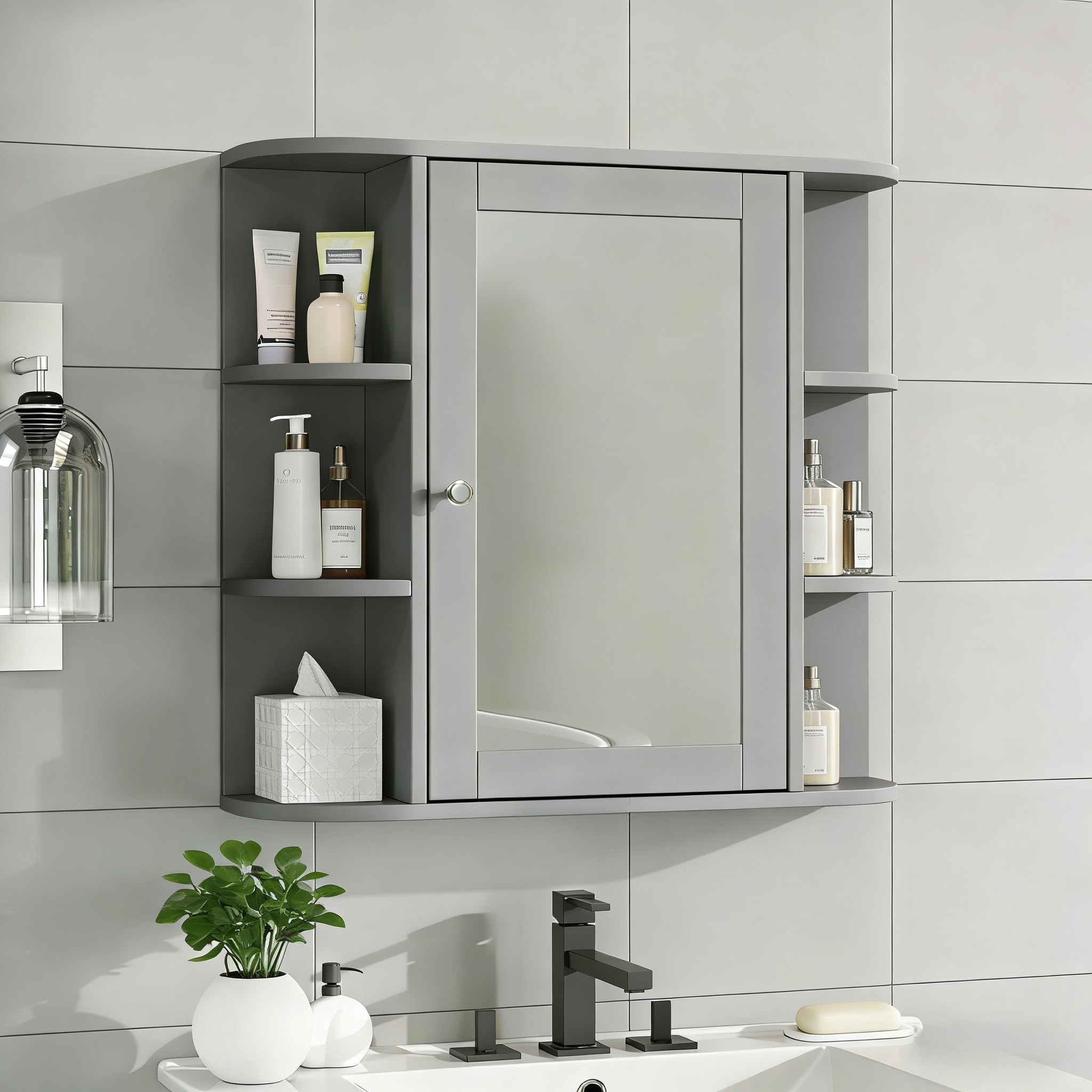 Tahanbath Bathroom Wall Storage Cabinet with Mirror Medicine Cabinet with Adjustable Wood Shelf Doors Mounted Storage Cabinets with 6 Open Shelves Gray