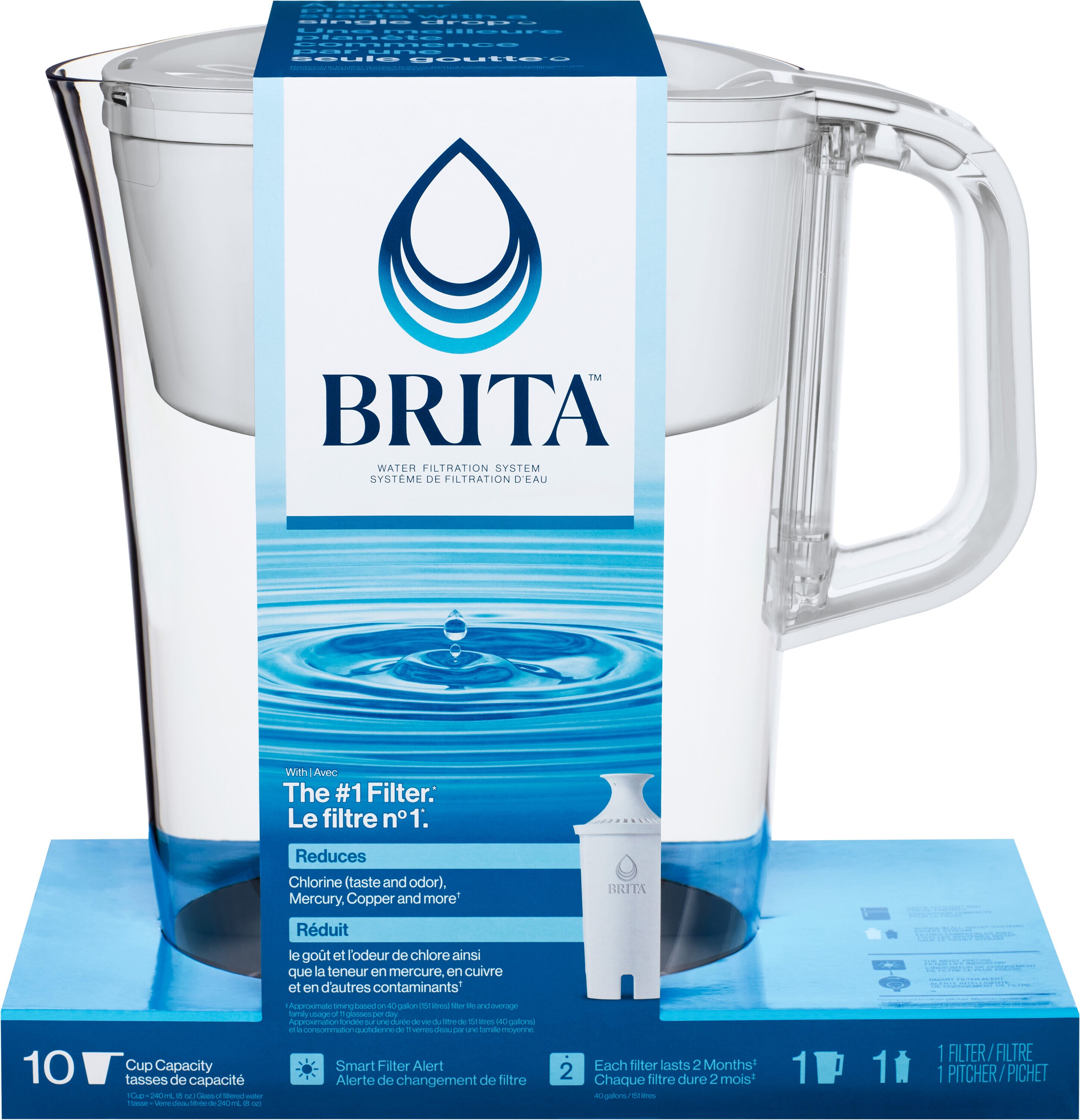 Brita 10-Cup White Plastic Water Filter Pitcher with Charcoal Filter