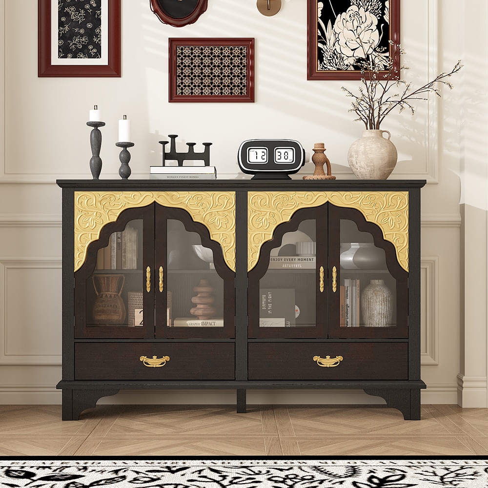 Homsee V-KF390037-02 Classic Wooden Sideboard with Glass Doors Adjustable Shelves and Gold Handles for Dining Room or Living Room 60.2''L x 15.7''W x 39.4''H Dark Brown