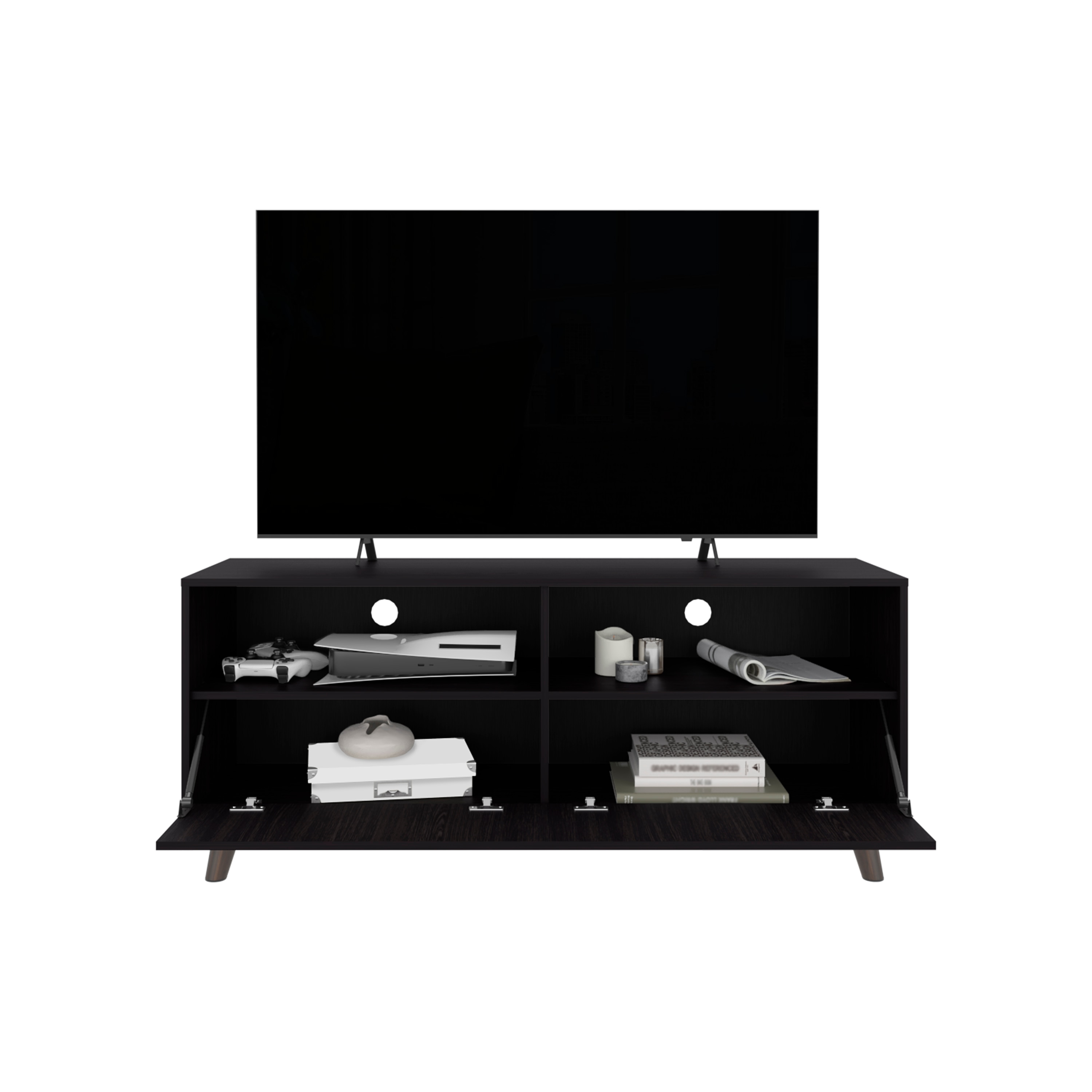 LOVMOR SF-X-B200P335350 Patrick Tv Stand 2 Doors Open Storage Shelves Modern Entertainment Center Black