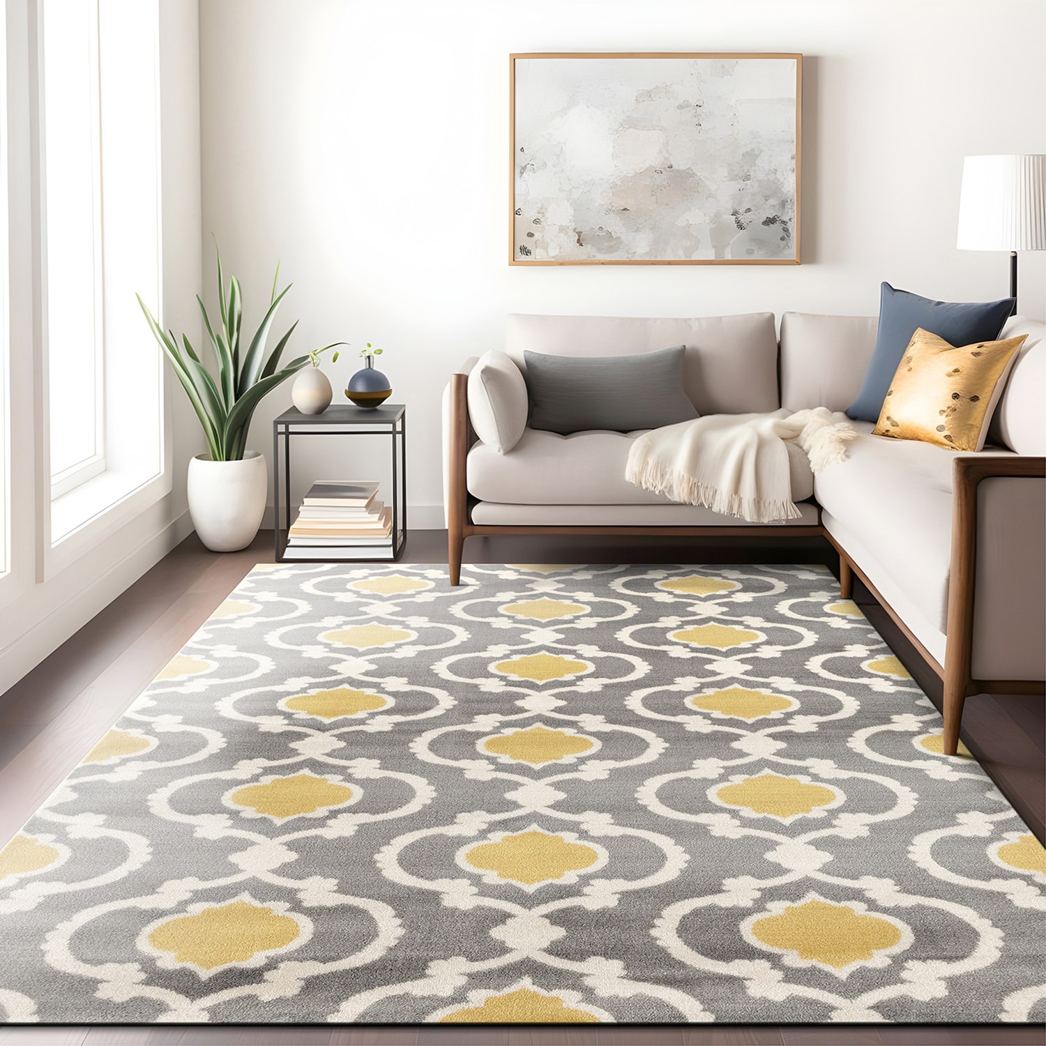Elegant Gray & Yellow Trellis 5'3" x 7'3" Reversible Area Rug