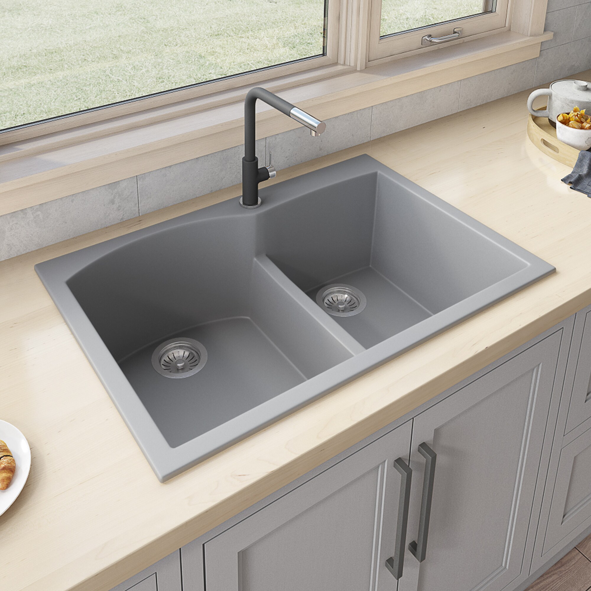 Silver Gray Stone Double Bowl Drop-in Kitchen Sink