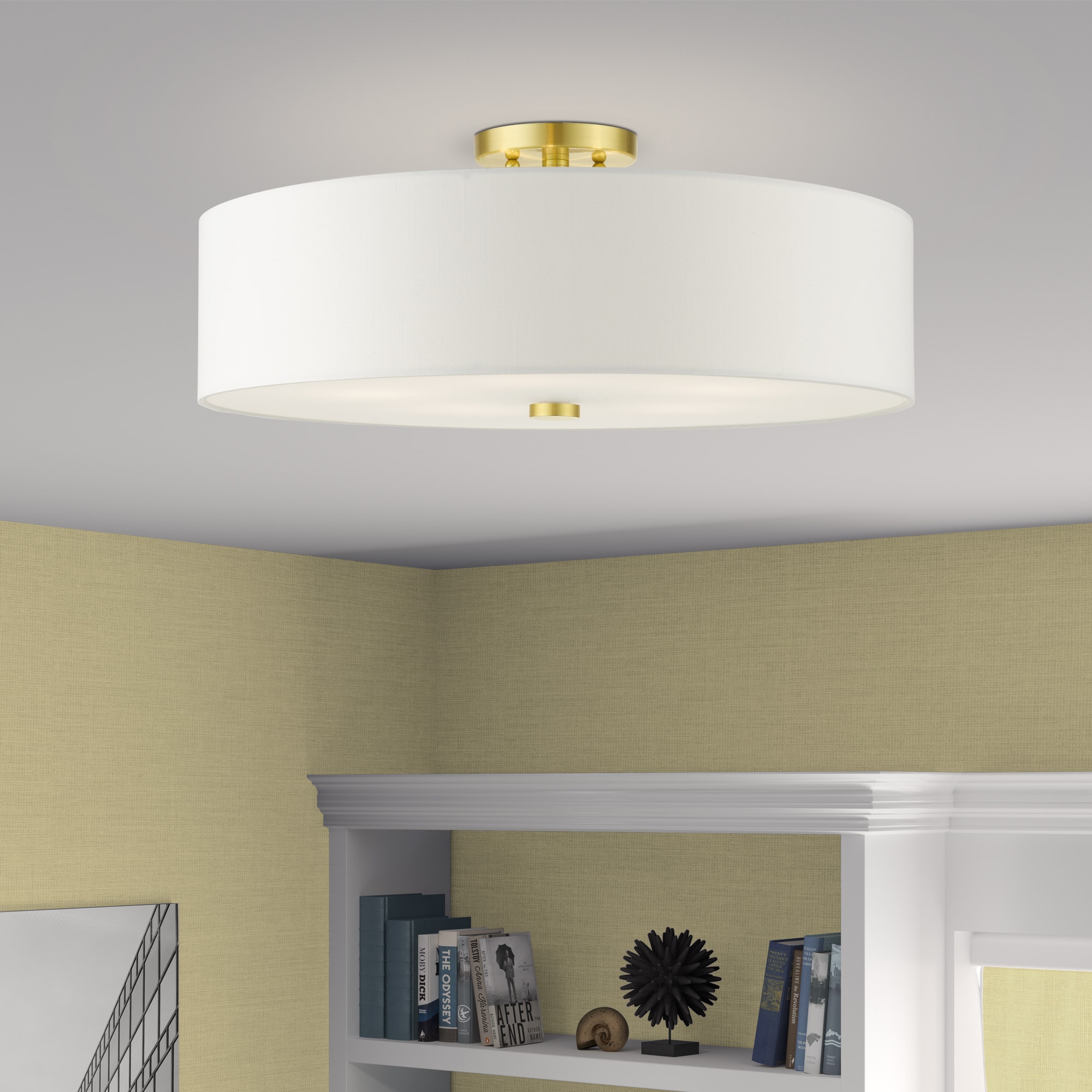 Satin Brass 5-Light Semi-Flush Drum Ceiling Fixture with Off-White Shade