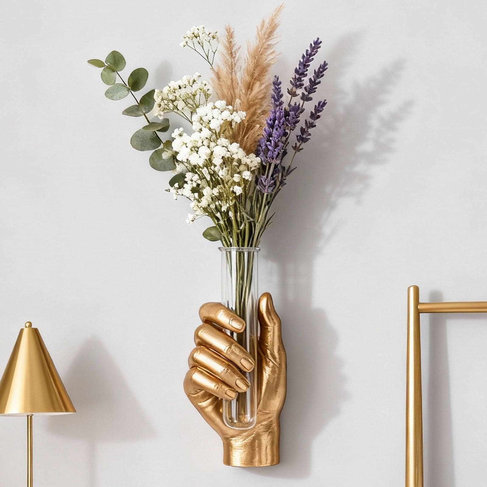 Vrbgify  Gold Wall Hand Vase Vintage Art Decor Life Size Hand Sculpture with Glass Test Tube Vase Unique Wall Art Statue for Indoor or Outdoor Use