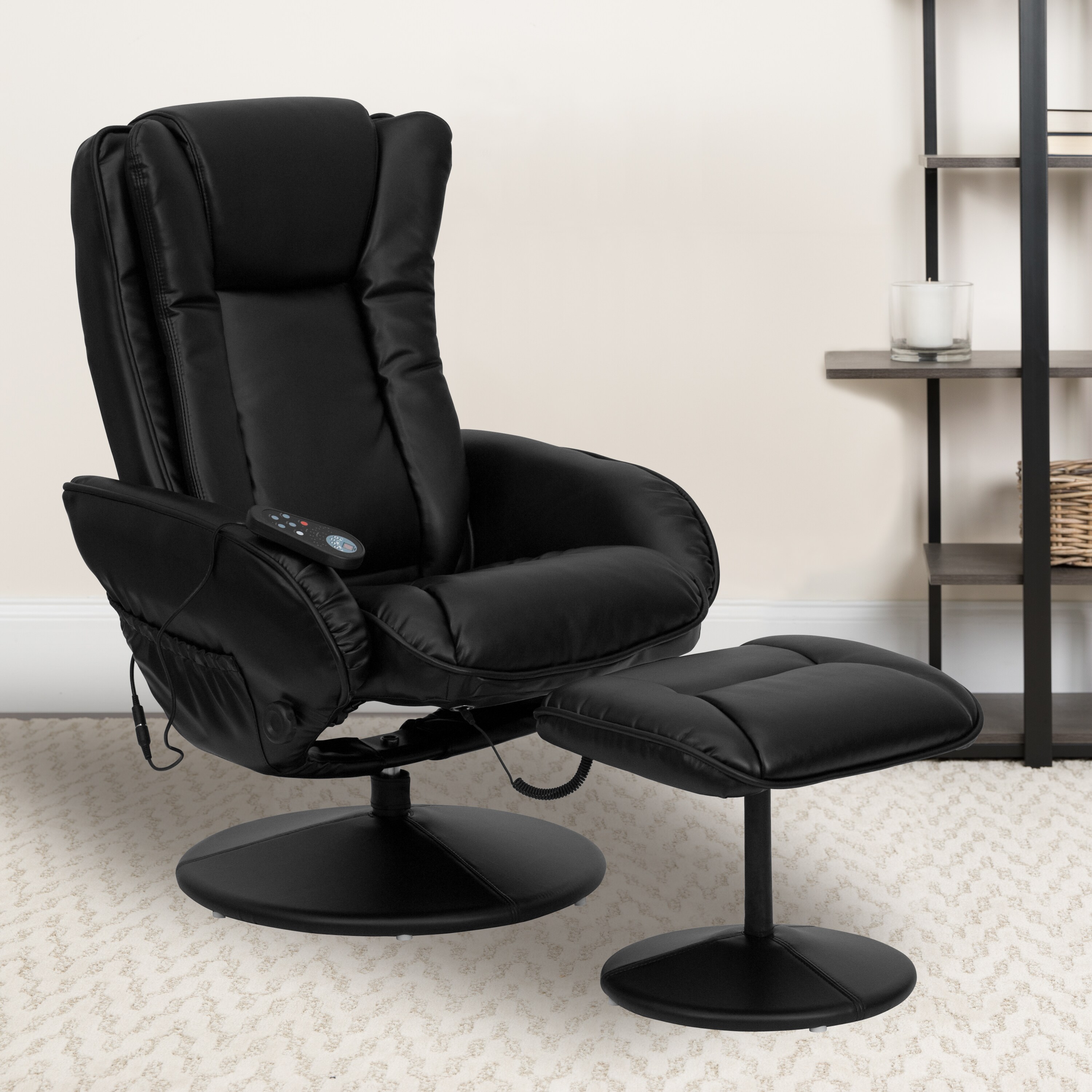 Black Leather Swivel Recliner with Ottoman and Massage