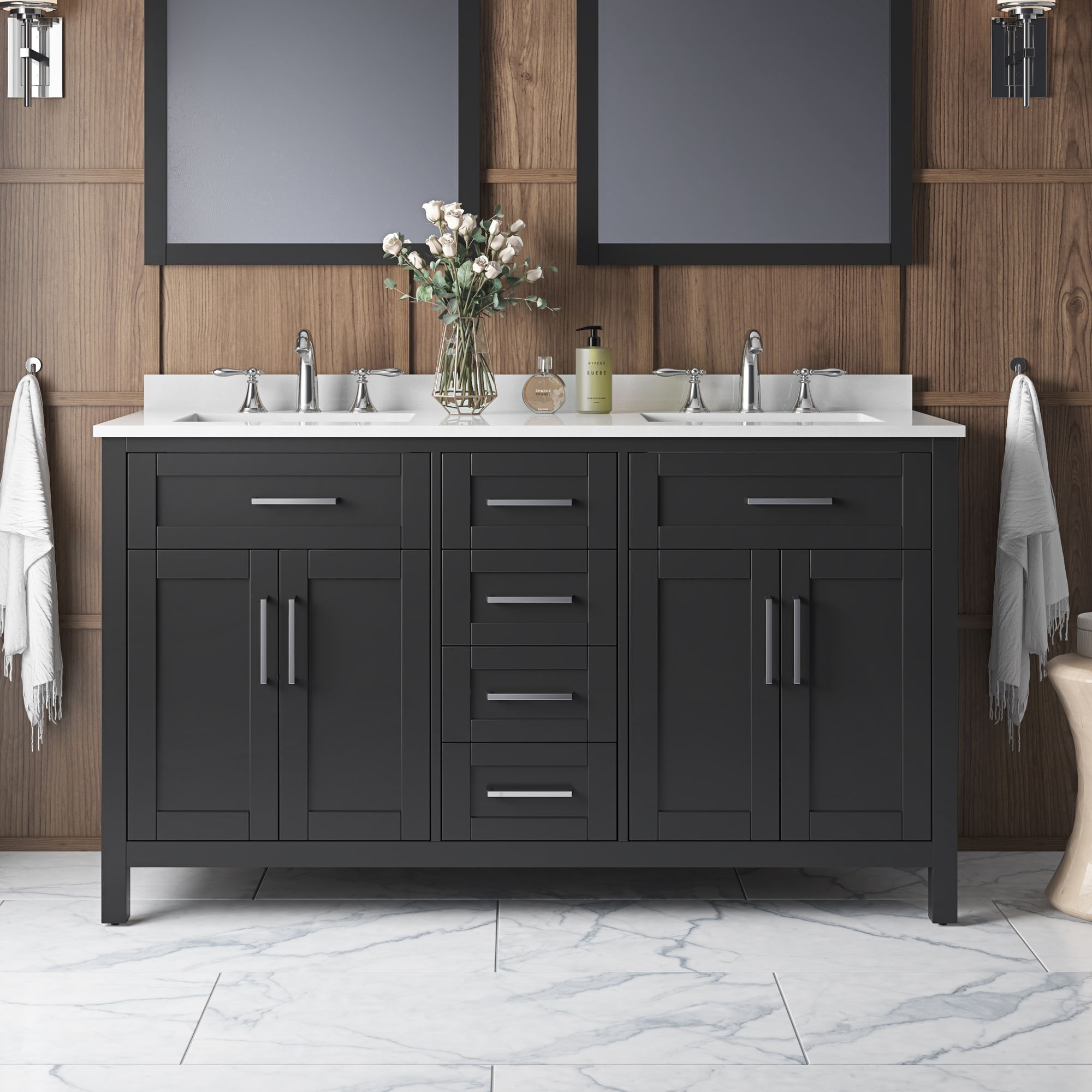 OVE Decors 15VVA-TAHB60-C69 Tahoe 60-in Espresso Undermount Double sink Bathroom Vanity with White Engineered stone Top