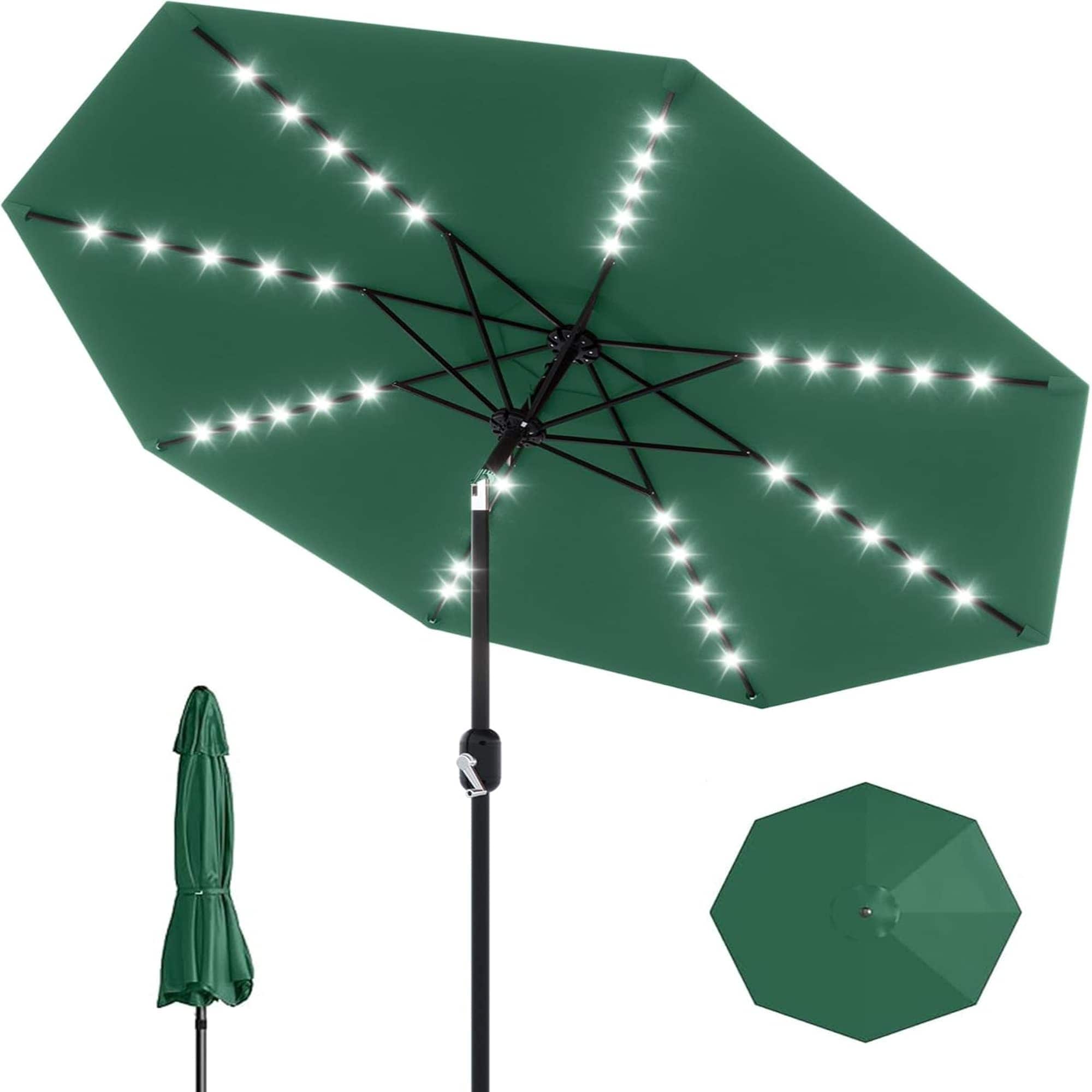 Qeetex LSHQQPPG-334VJK9B 10Ft Patio Umbrella with Solar Lights  Outdoor Table Umbrella with 40 LED Lights and Tilt Crank  Polyester Fabric Dark Green