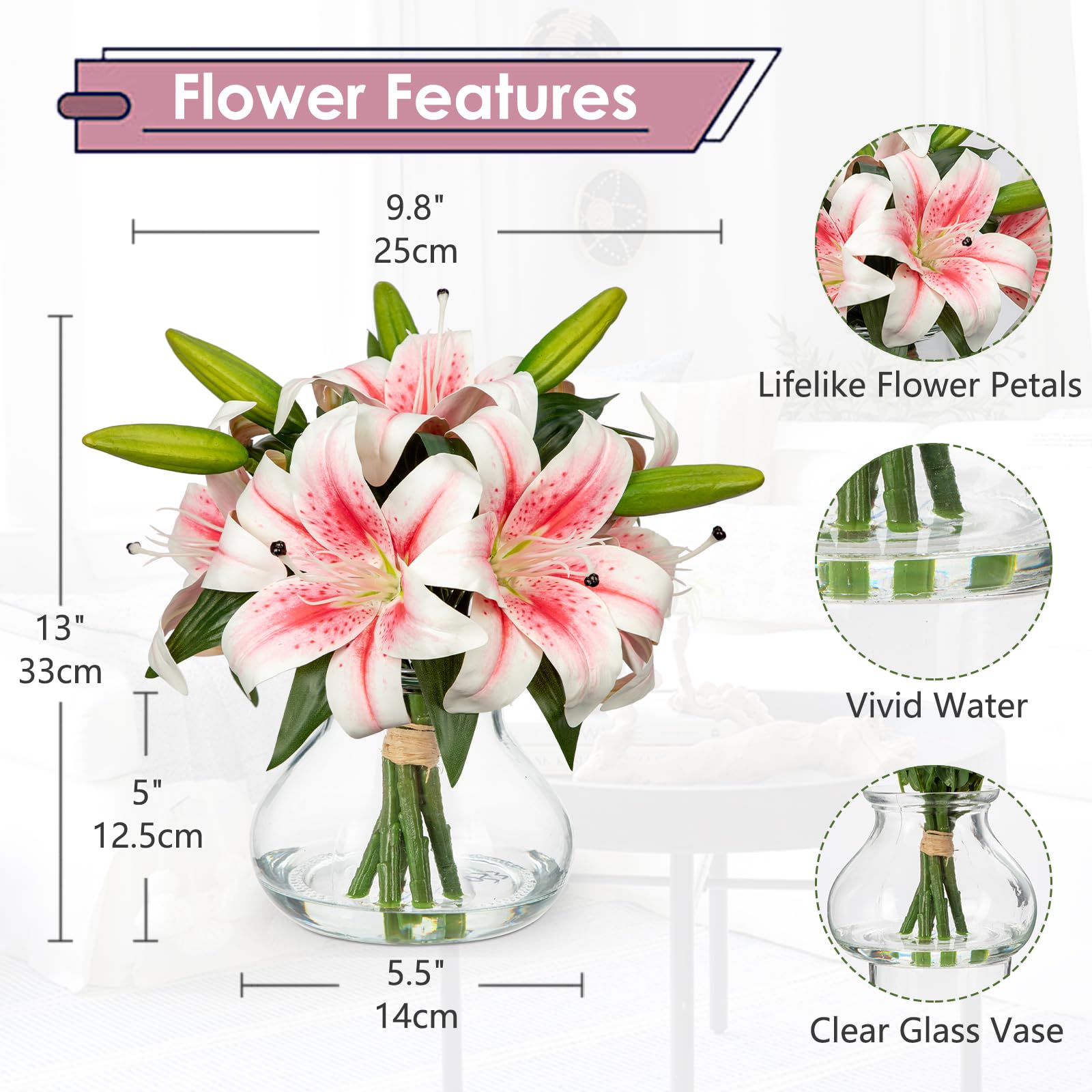 OMOMMD Artificial Tiger Lily Flowers With Glass Vase Silk Faux Water ...