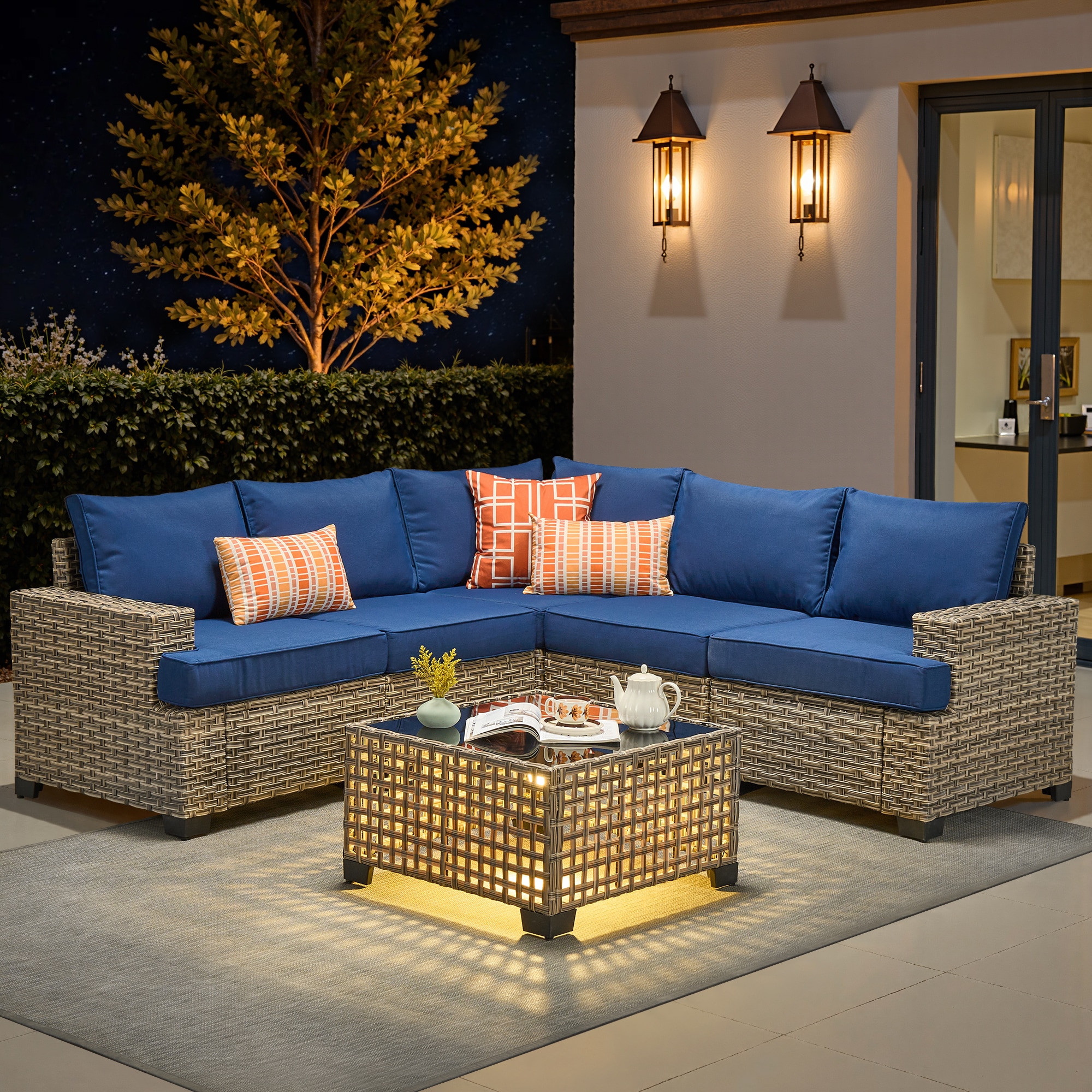 Pouuin STBS700-6 Wicker Outdoor Sectional with Navy Cushions and Wicker Frame