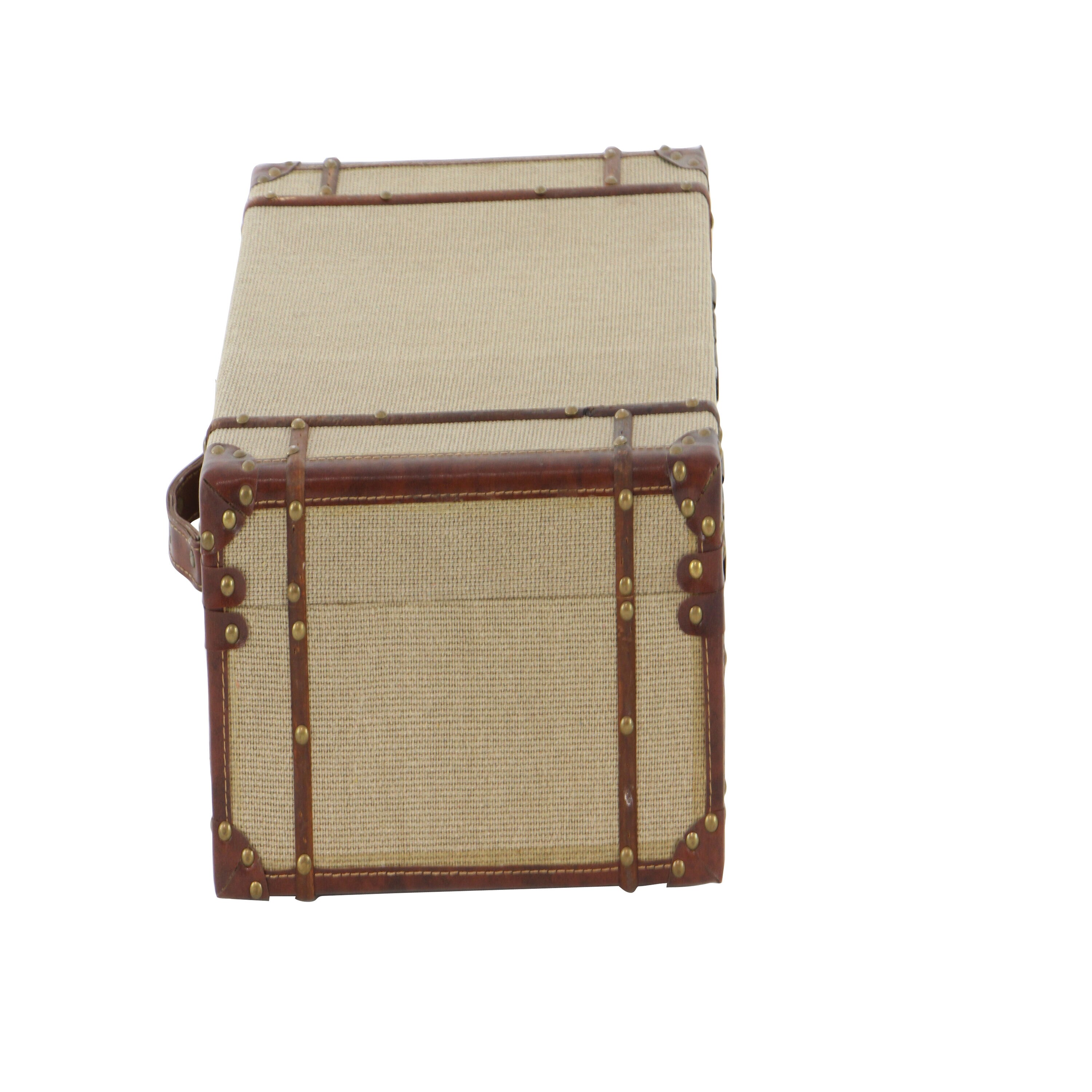 Beige Burlap and Leather Vintage Trunk Set, 2 Pieces