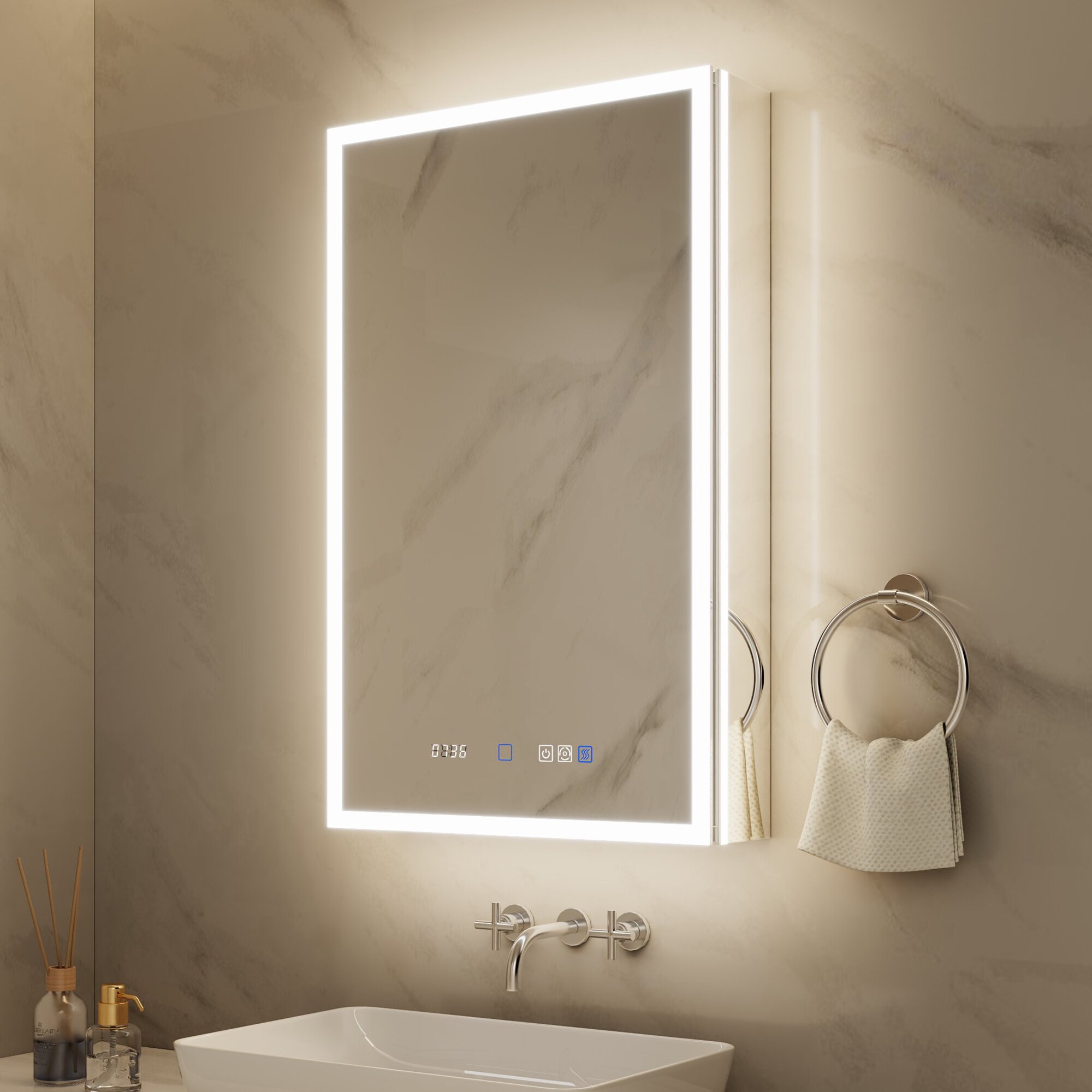 ExBrite MC2032V12LX Mirora 20-in x 32-in Lighted LED Fog Free Surface/Recessed Mount Silvery Gray Mirrored Rectangle Soft Close Medicine Cabinet with Outlet