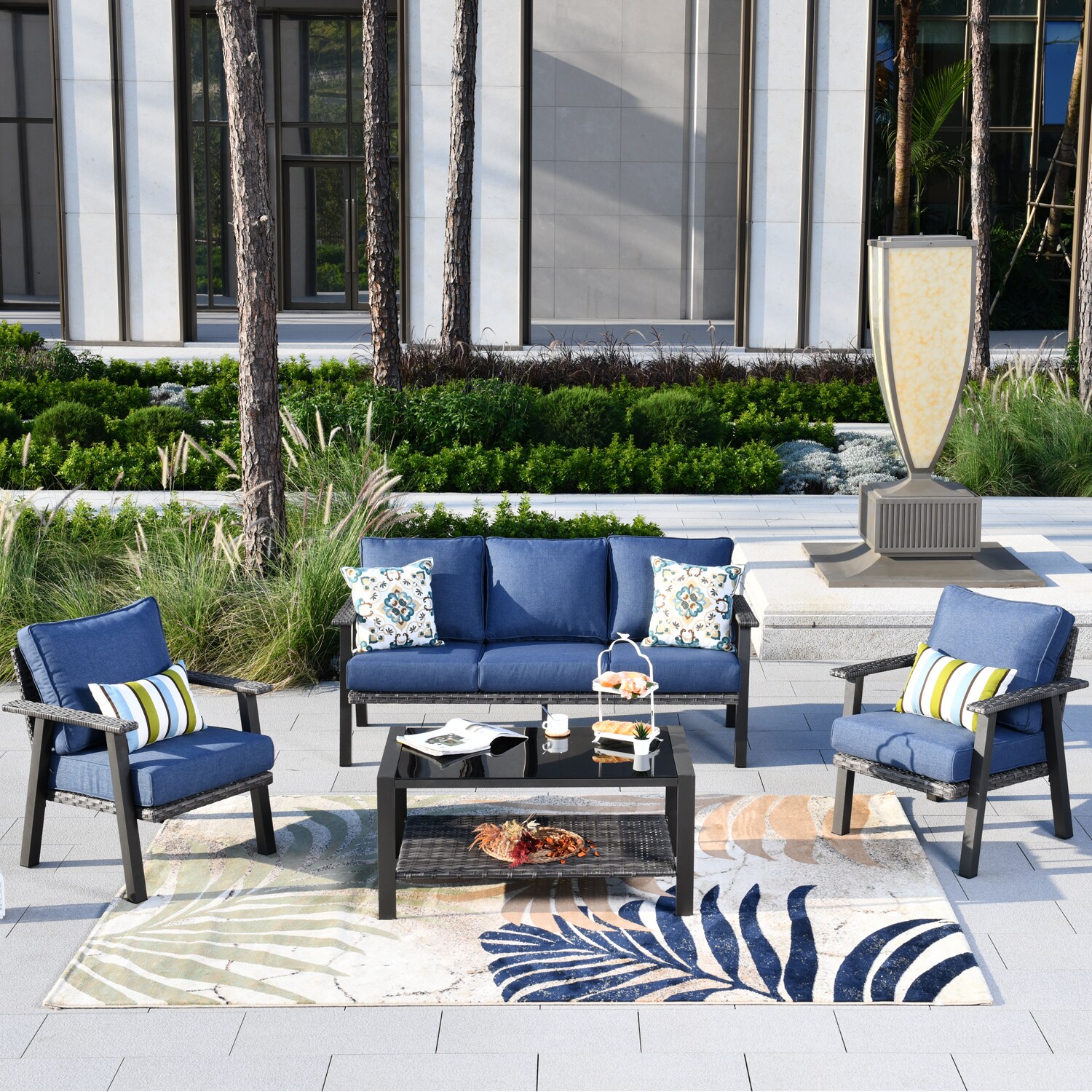 weaxty HMBGHW3004 4-Piece Wicker Patio Sofa Conversation Set with Blue Cushions