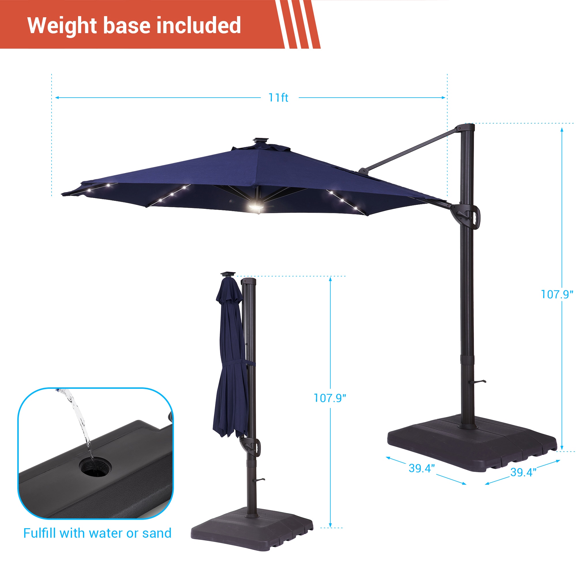 ACEGOSES 11-ft Aluminum Navy Cantilever Patio Umbrella with Lights and ...