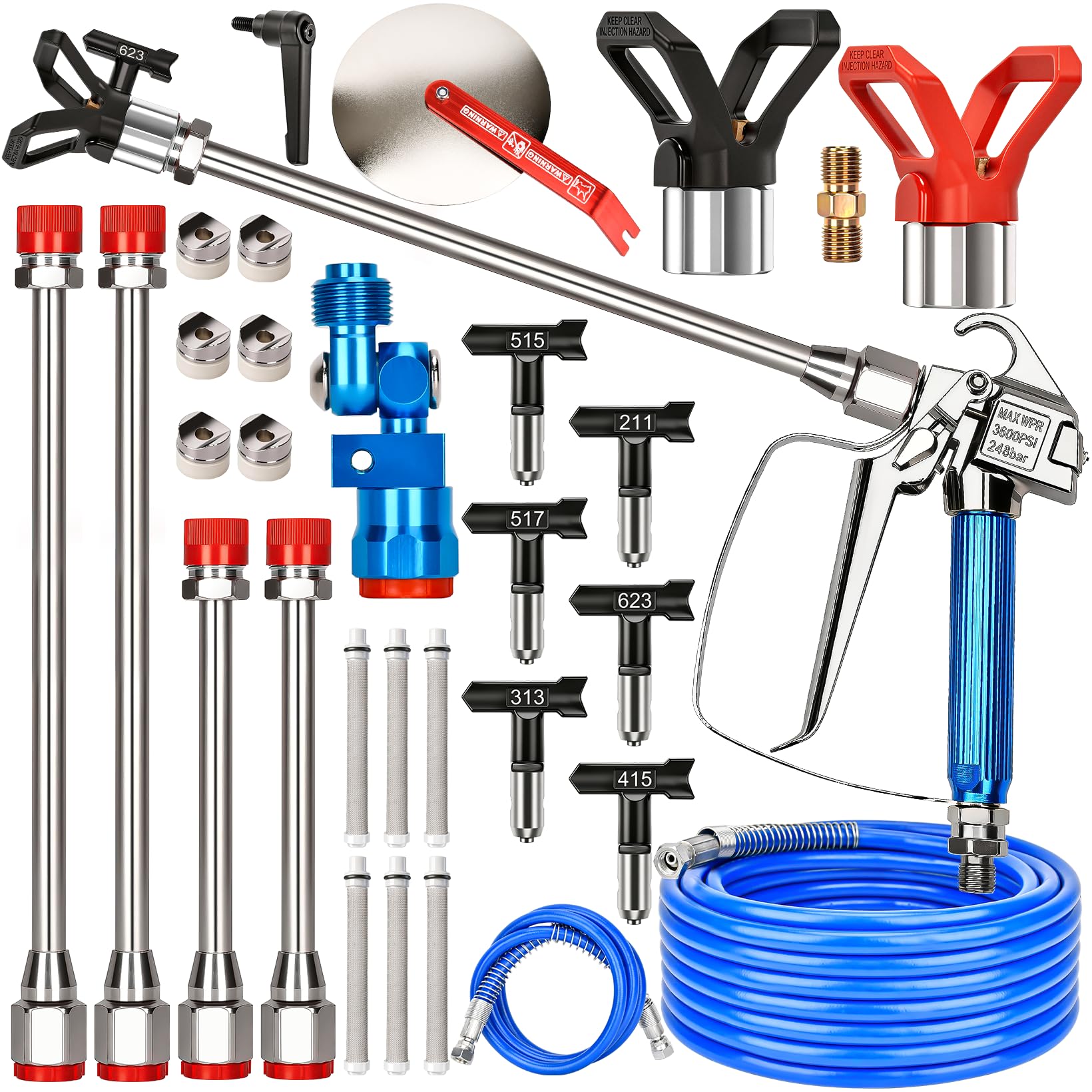 Ahfiwaso  25PCS Airless Paint Sprayer Gun Kit with 50Ft and 4.92Ft High Pressure Hose 6 Reversible Spray Tips 6 Filters 4 Extension Rods Guide