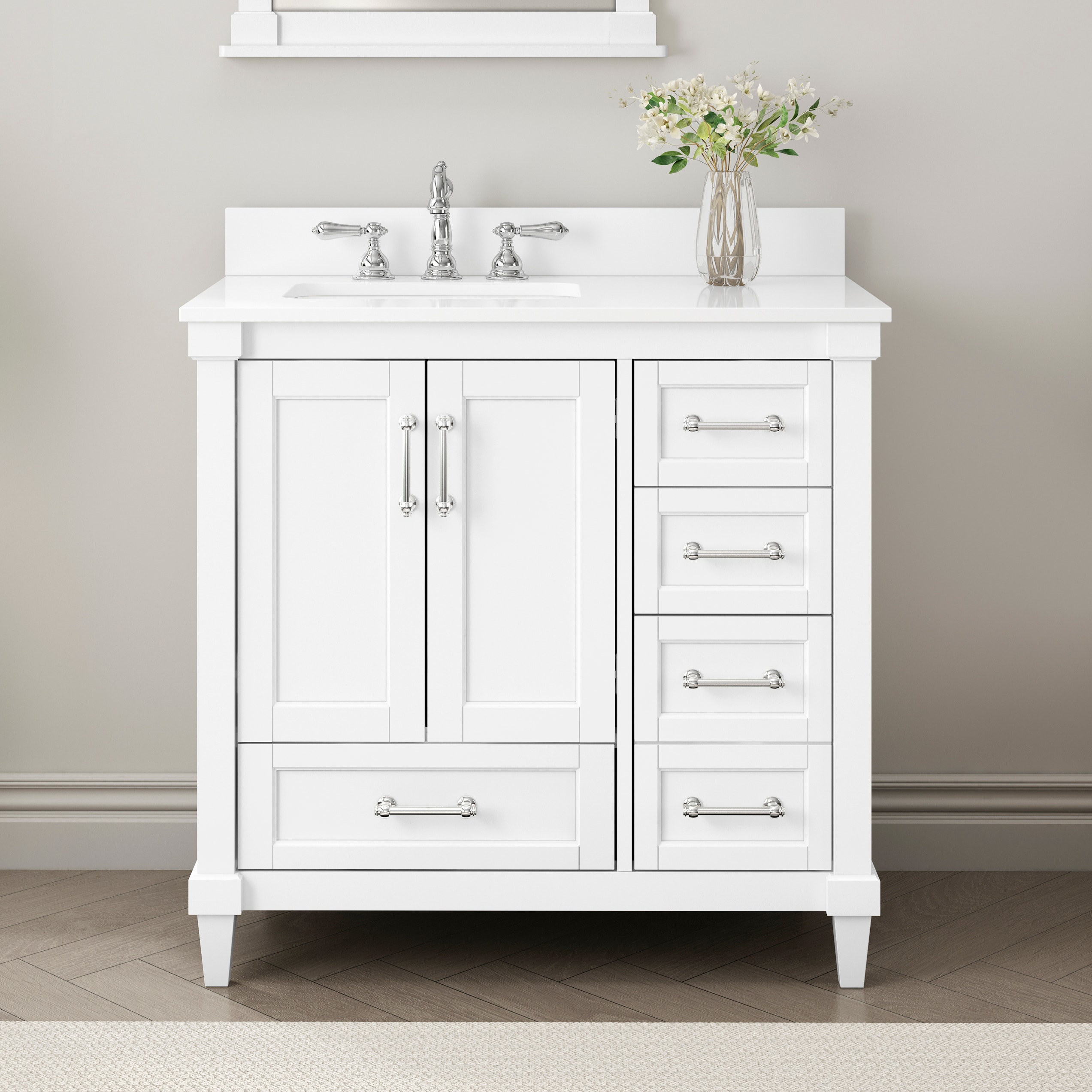 allen + roth TJ02-08V3622WH Reynolds 36-in White Undermount Single Sink Bathroom Vanity with White Marble Top