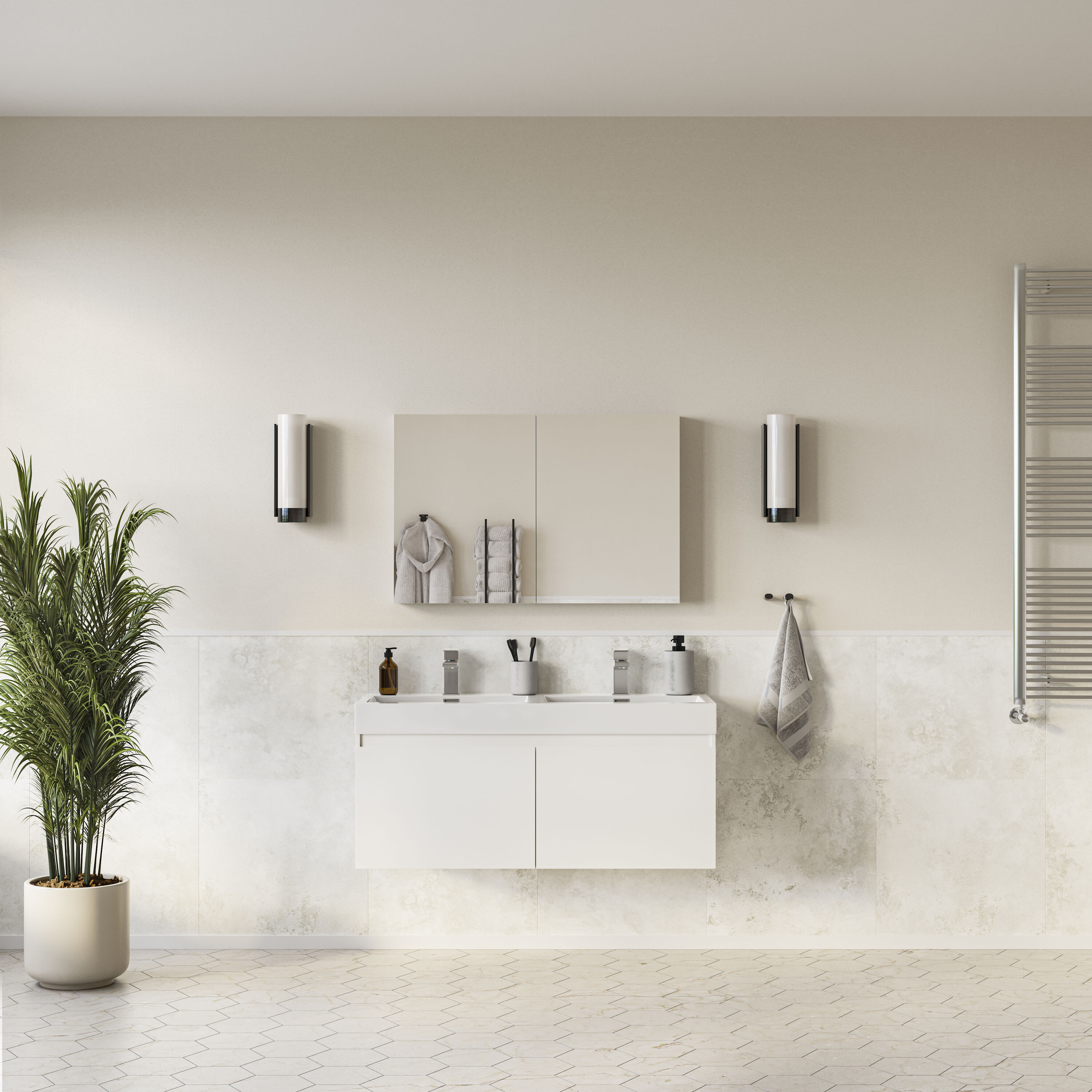 Fresca FVN8012WH Mezzo 48.0-in White Double sink Floating Bathroom Vanity with White Acrylic Top