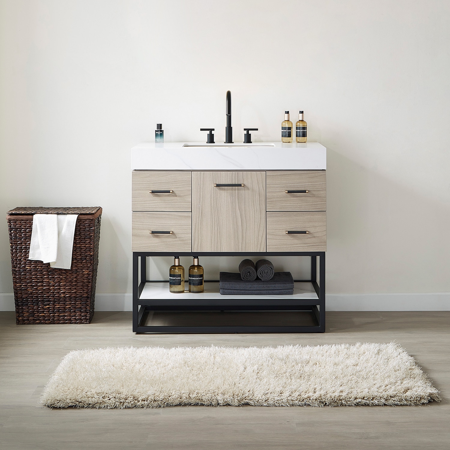 Vinnova 701936-PL-SMB-NM Toledo 36-in Light Walnut Single Sink Bathroom Vanity with Snow Mountain-white Sintered Stone Top