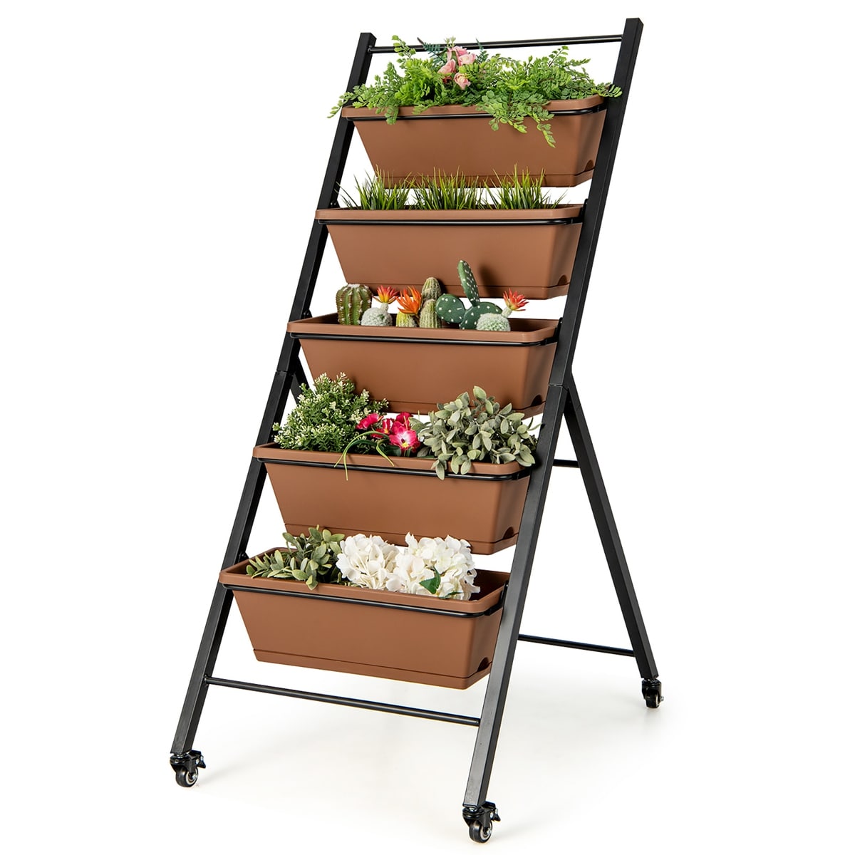 Costway CSHY000731 5-Tier Vertical Raised Garden Bed Elevated Planter with Wheels and Container Boxes Brown