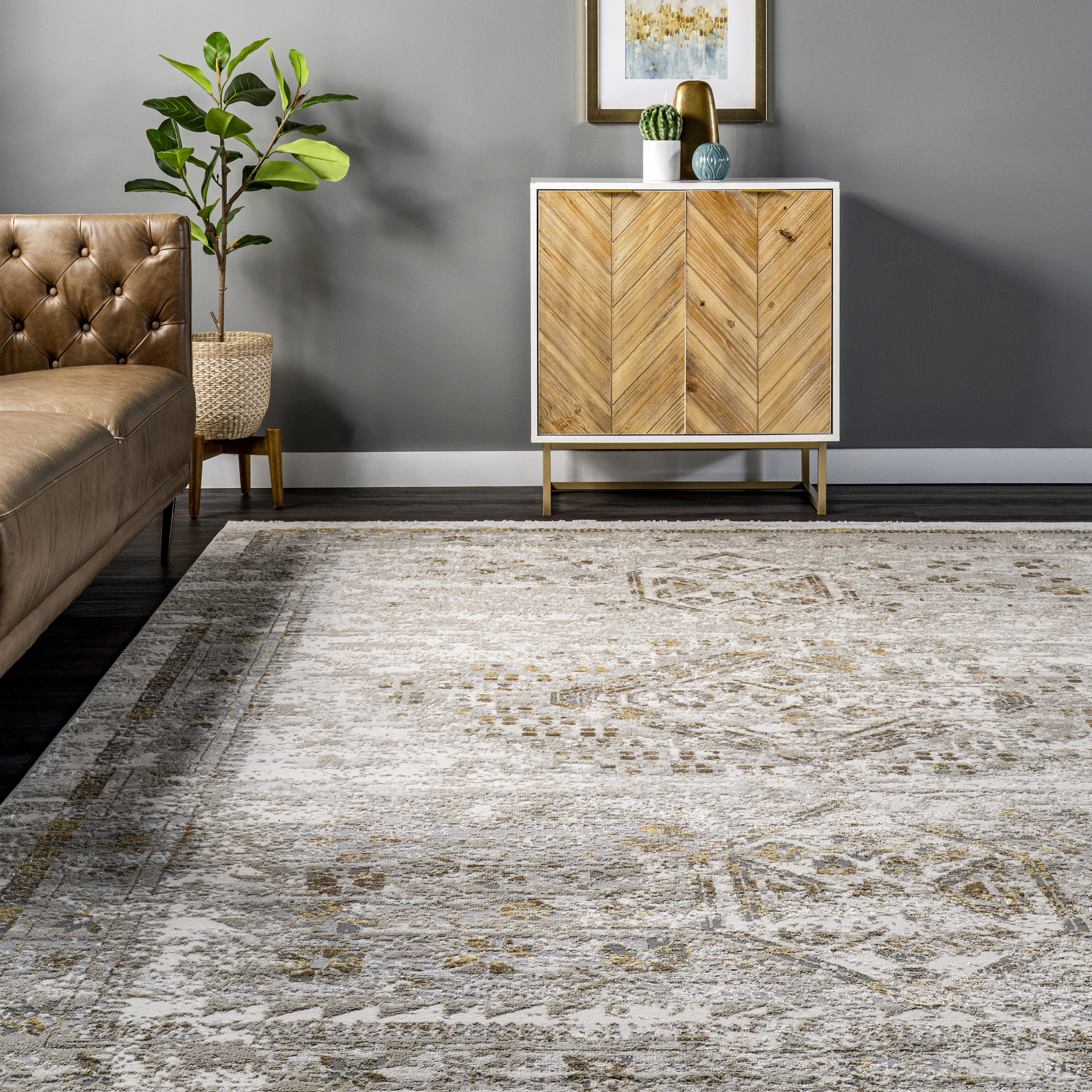 Elegant Faded Medallion 4' x 6' Beige Synthetic Area Rug