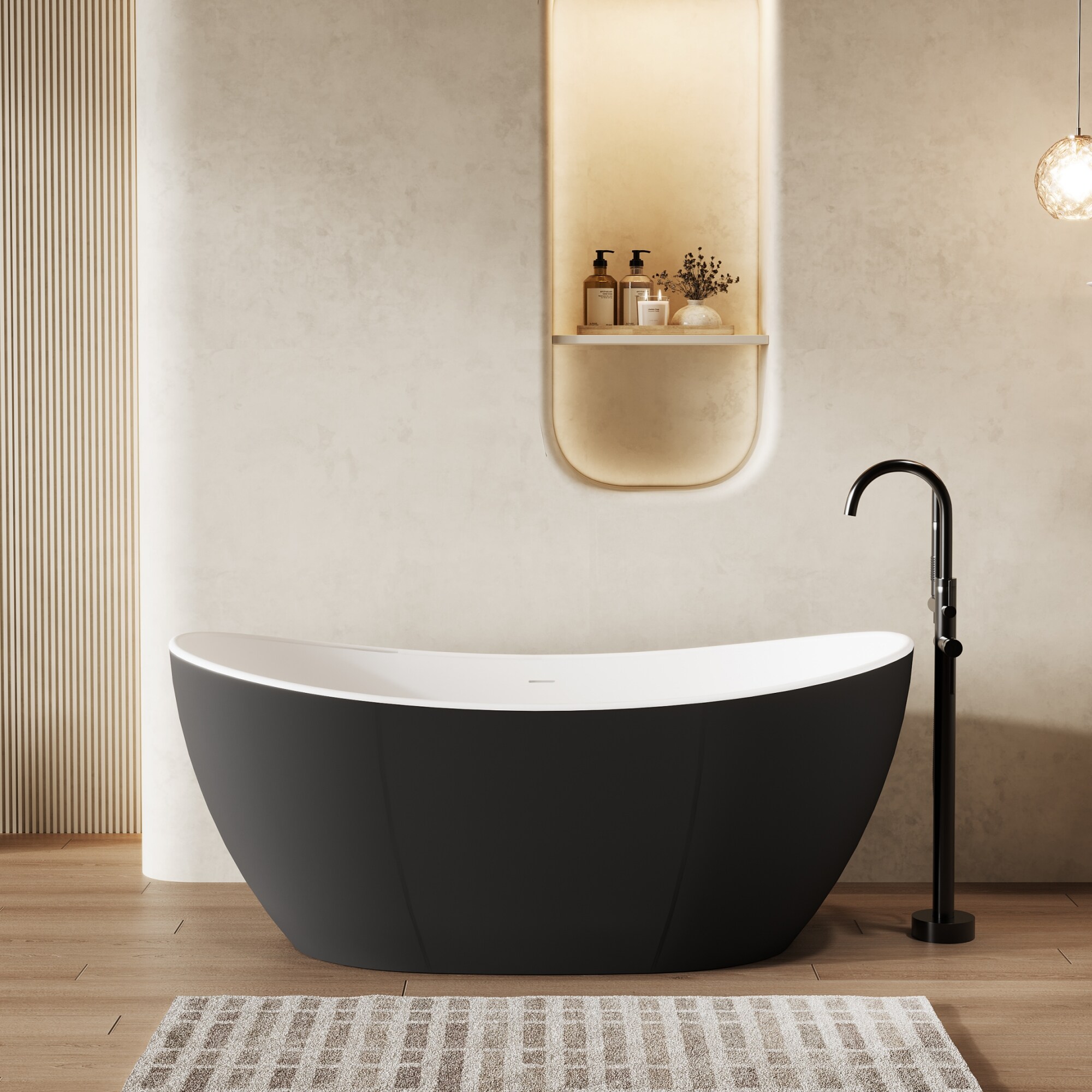 Vynxaria Black White Solid Surface Stone Resin double-slipper Freestanding Soaking Bathtub with center drain