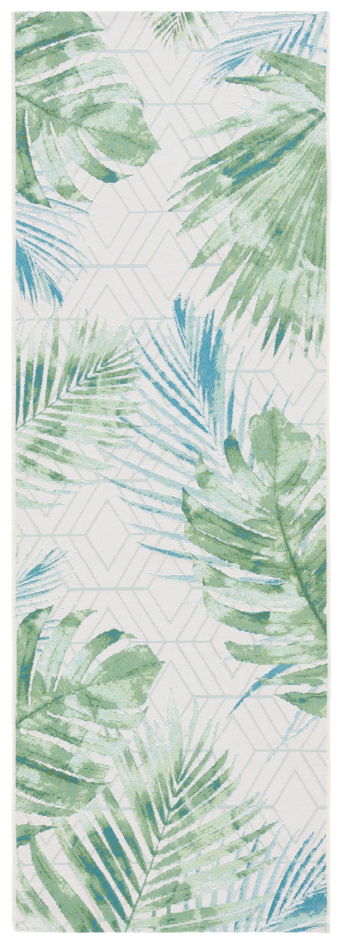 Green and Teal Tropical Leaf Pattern Synthetic Runner Rug, 2'8" x 8'