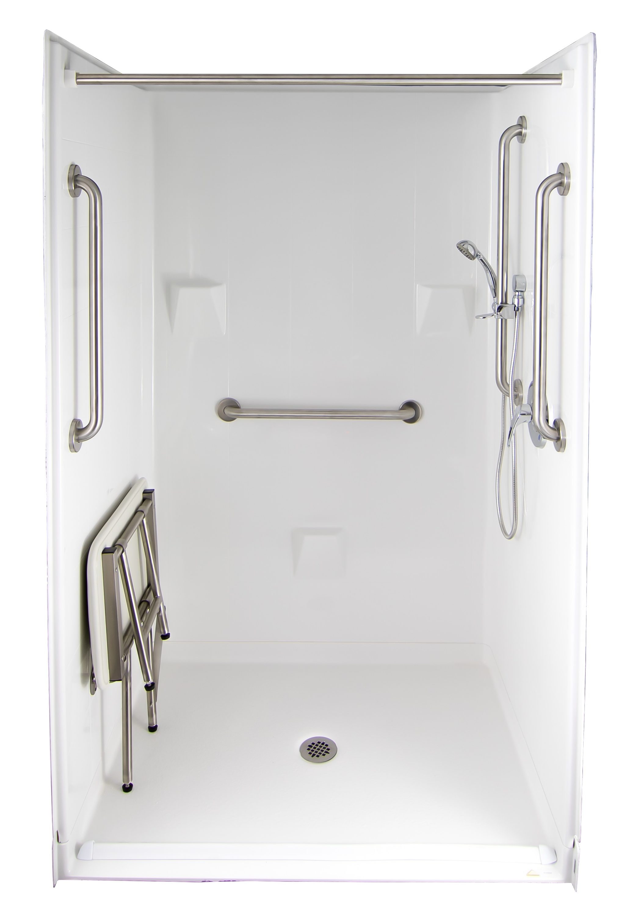 Laurel Mountain Whitwell ADA Roll-In Zero Threshold- Barrier Free White 33-in  x 62-in x 78-in One-piece Shower Kit (Center Drain) with Folding Seat, Base,  Wall and Drain Included in the Shower Stalls