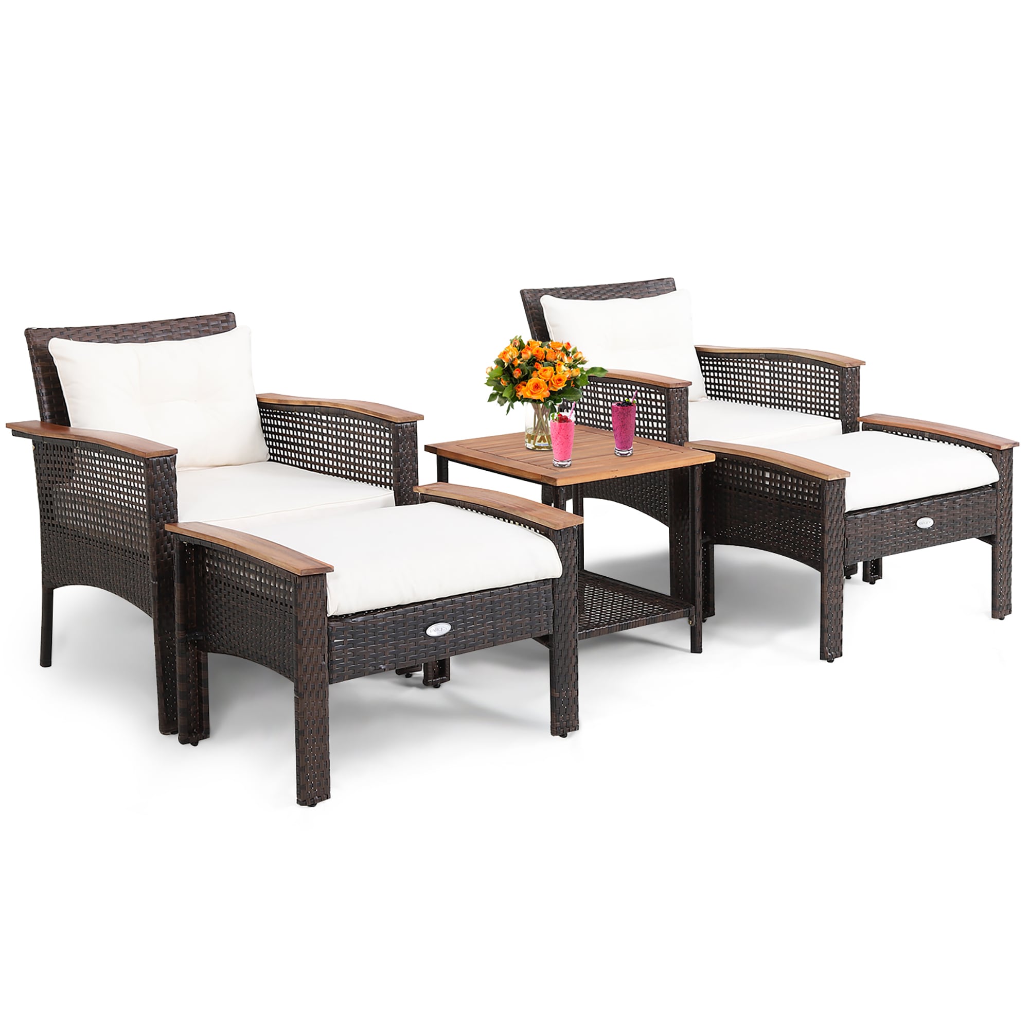 Forclover HYFL-HW37+ Patio 5-Piece Funiture Set 5-Piece Rattan Patio Conversation Set with White Cushions