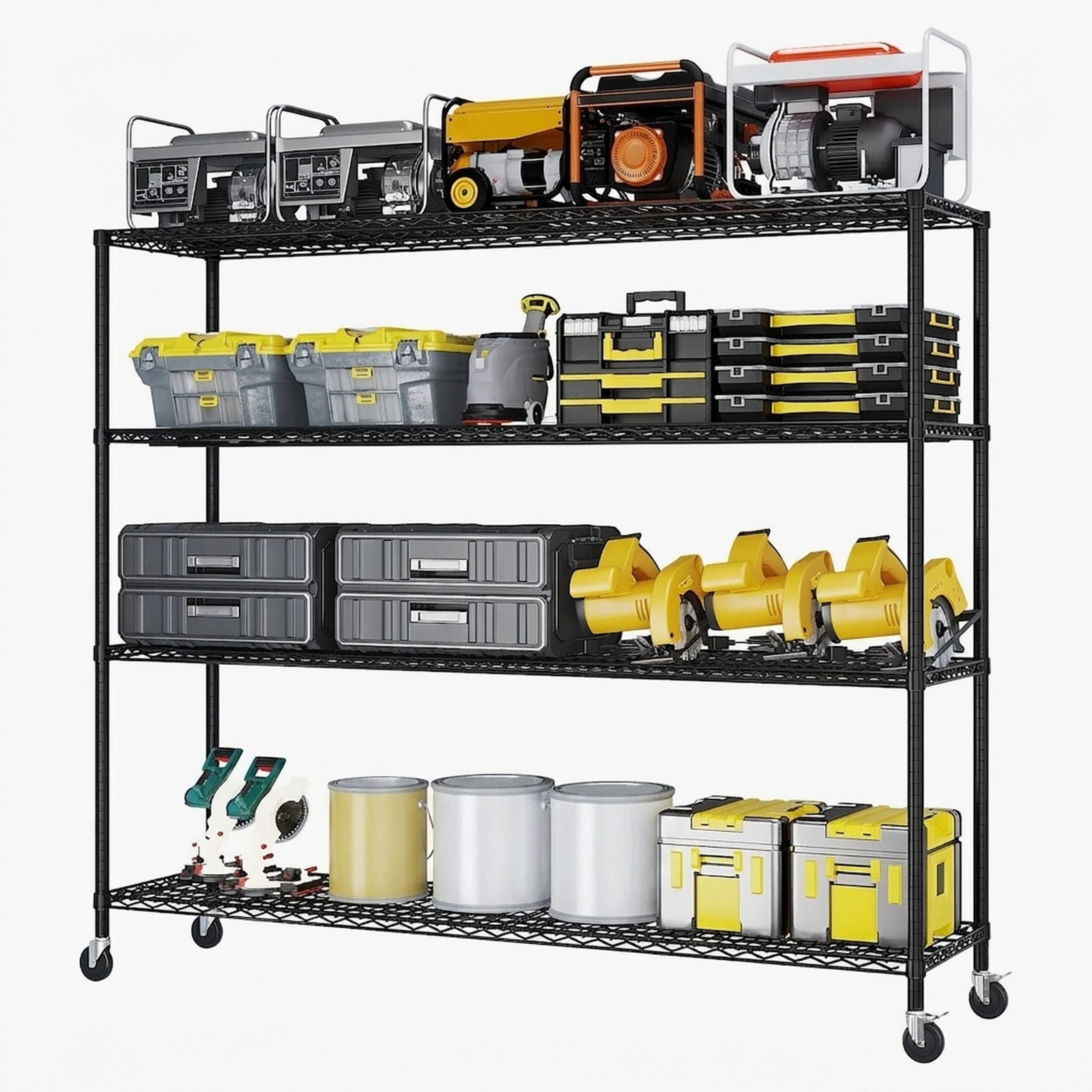 Bestcore 4-Tier Rolling Display Rack 160 x 60 x 165-cm - Powder-Coated Black Iron Storage Shelf with Locking Casters for Garage Warehouse Retail