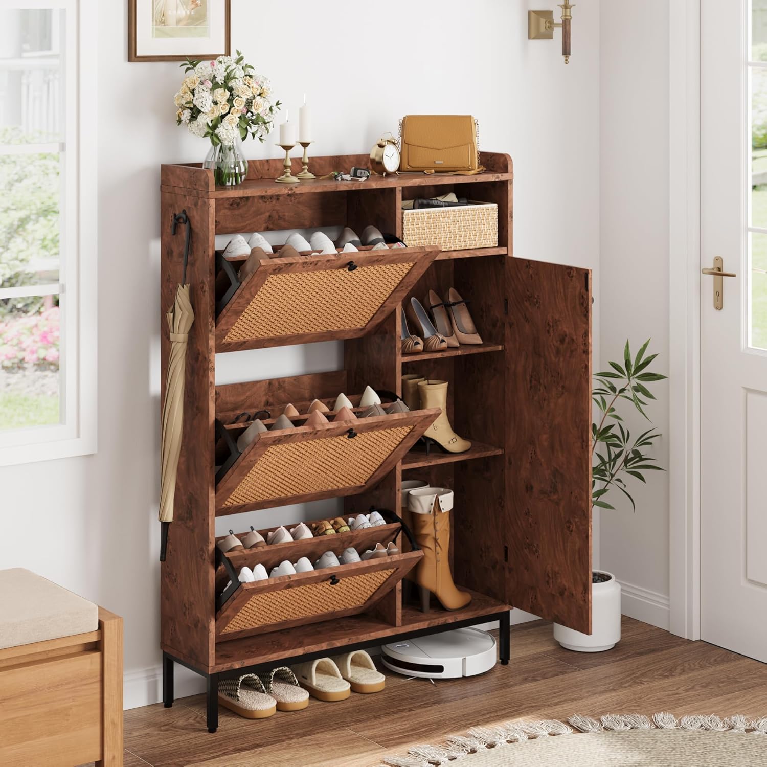Garvee 51.7-in H 3 Flip Drawers and 4-Tier Shoe Storage Cabinet 36 pair Tree Pomegranate Rattan Shoe Cabinet