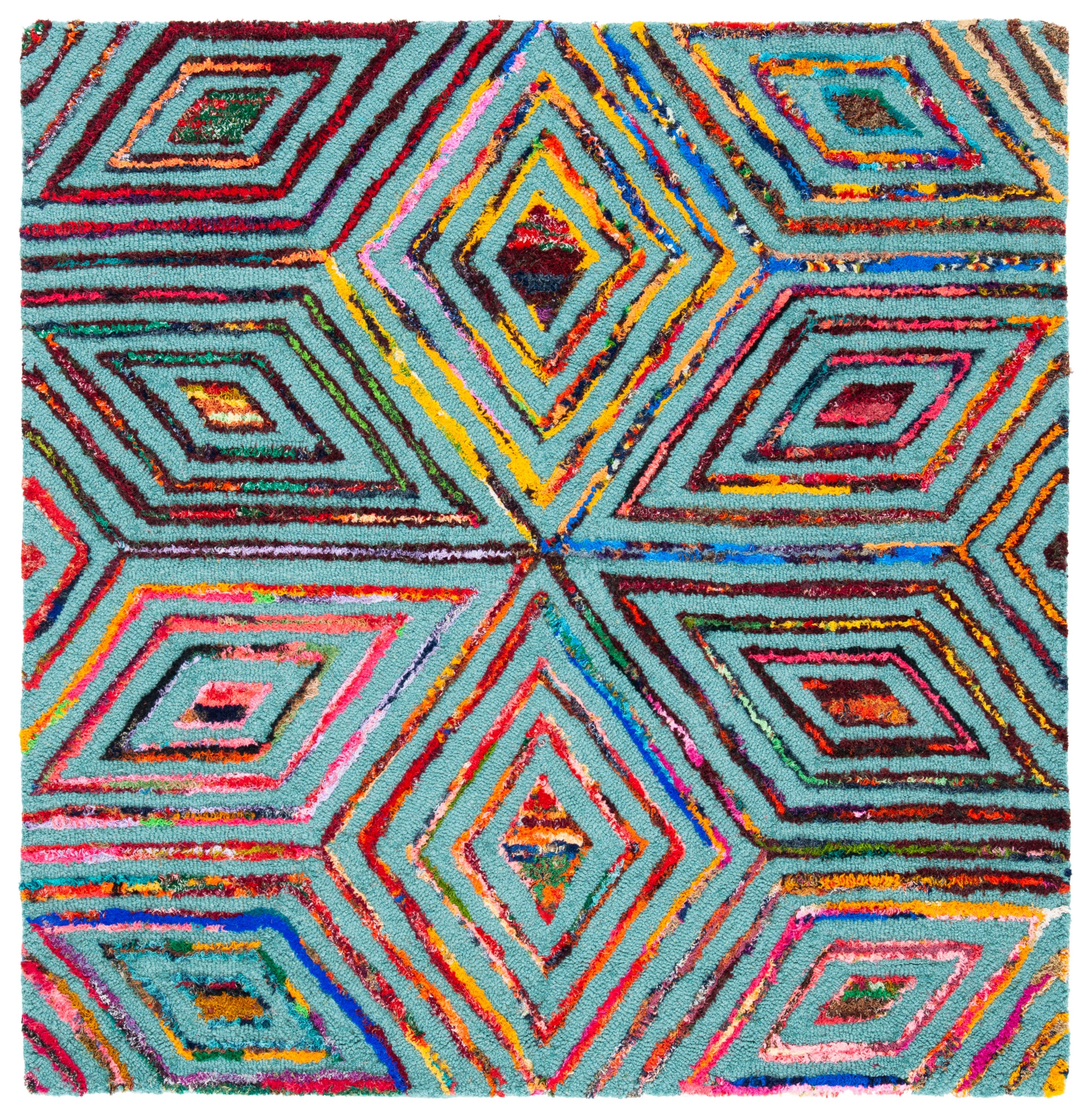 Handmade Blue Square Tufted Wool Rug 4'x4'