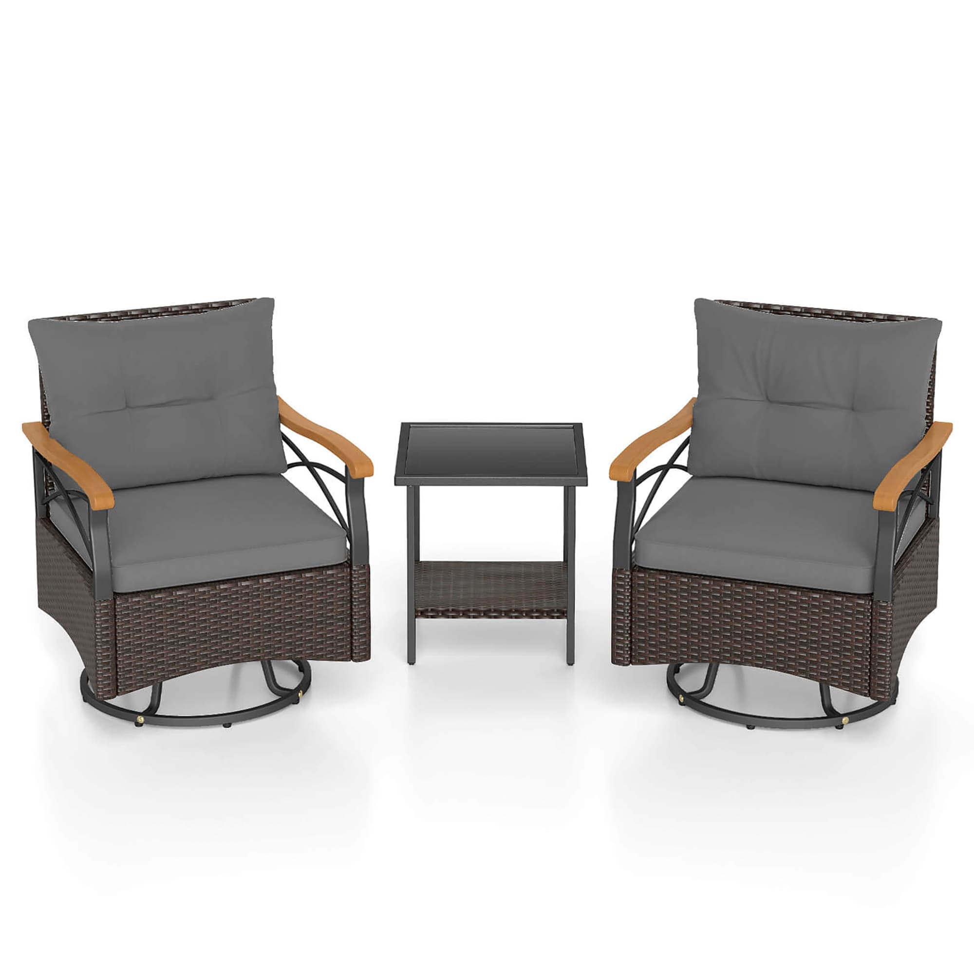 3 -Piece Rattan Patio Conversation Set with Gray Cushions