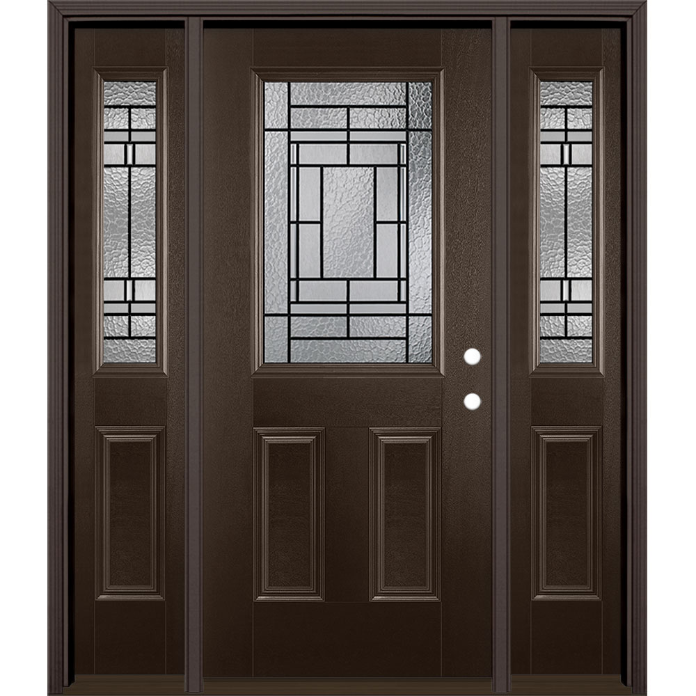 Masonite 2626117 Pembrook 64-in x 80-in Wood Half Lite Left-Hand Inswing Walnut Stained Single Front Door with Sidelights with Brickmould Insulating Core
