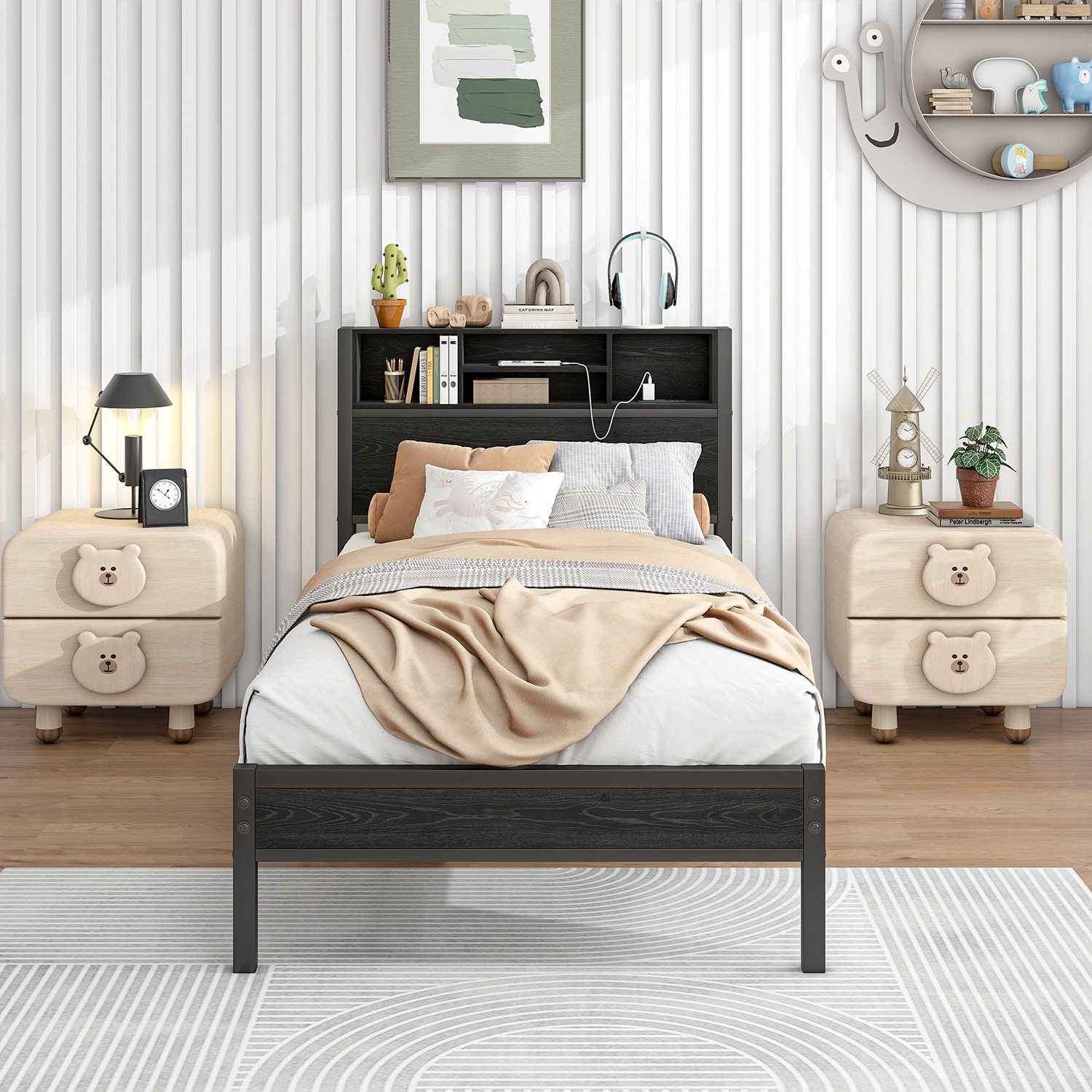 GZMR BZ-BD73AAA Twin Size Bed Frame with Storage Headboard Black Twin Metal Bed frame Bed with Storage
