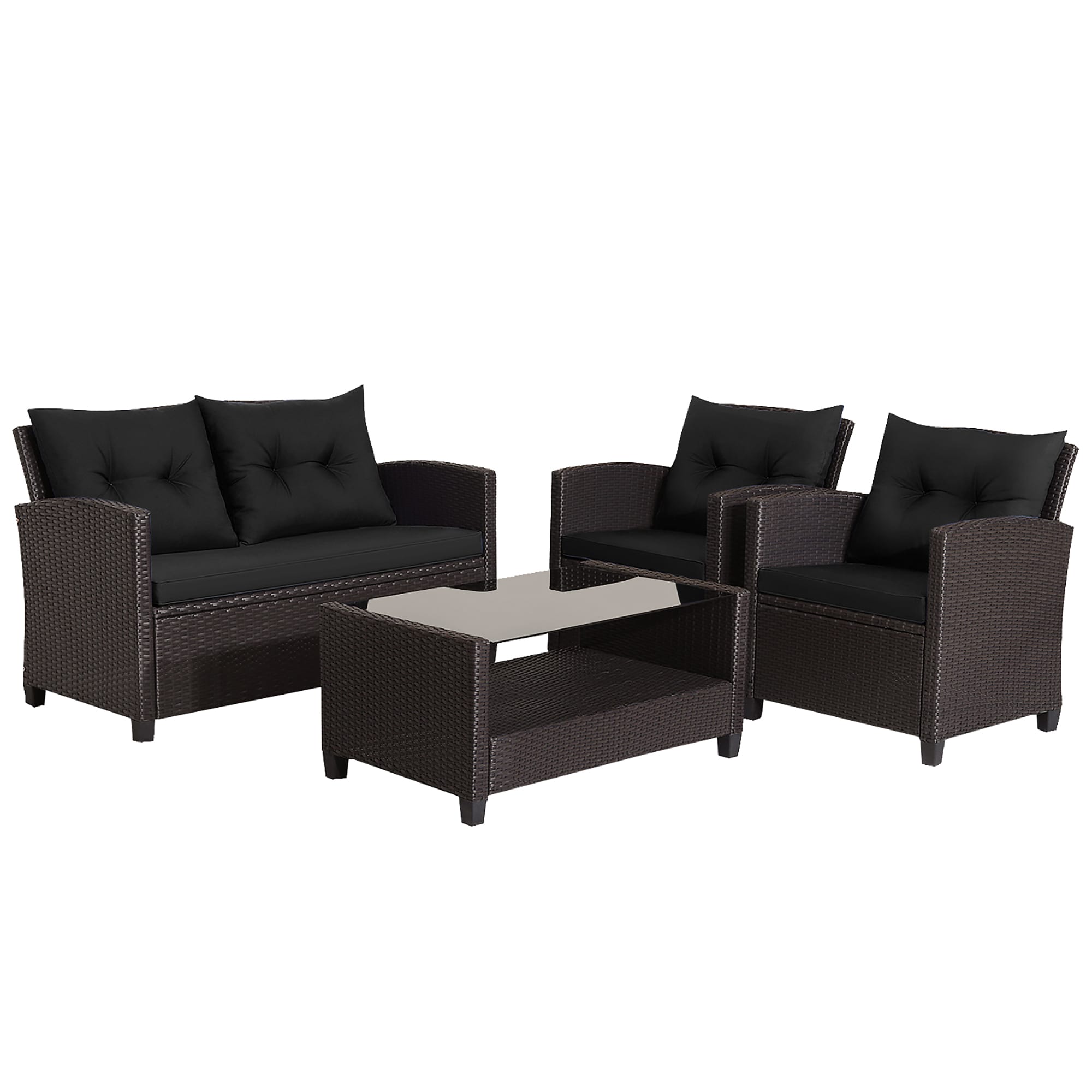 WELLFOR OUJ66742BK+ 4-Piece Rattan Patio Conversation Set with Black Cushions
