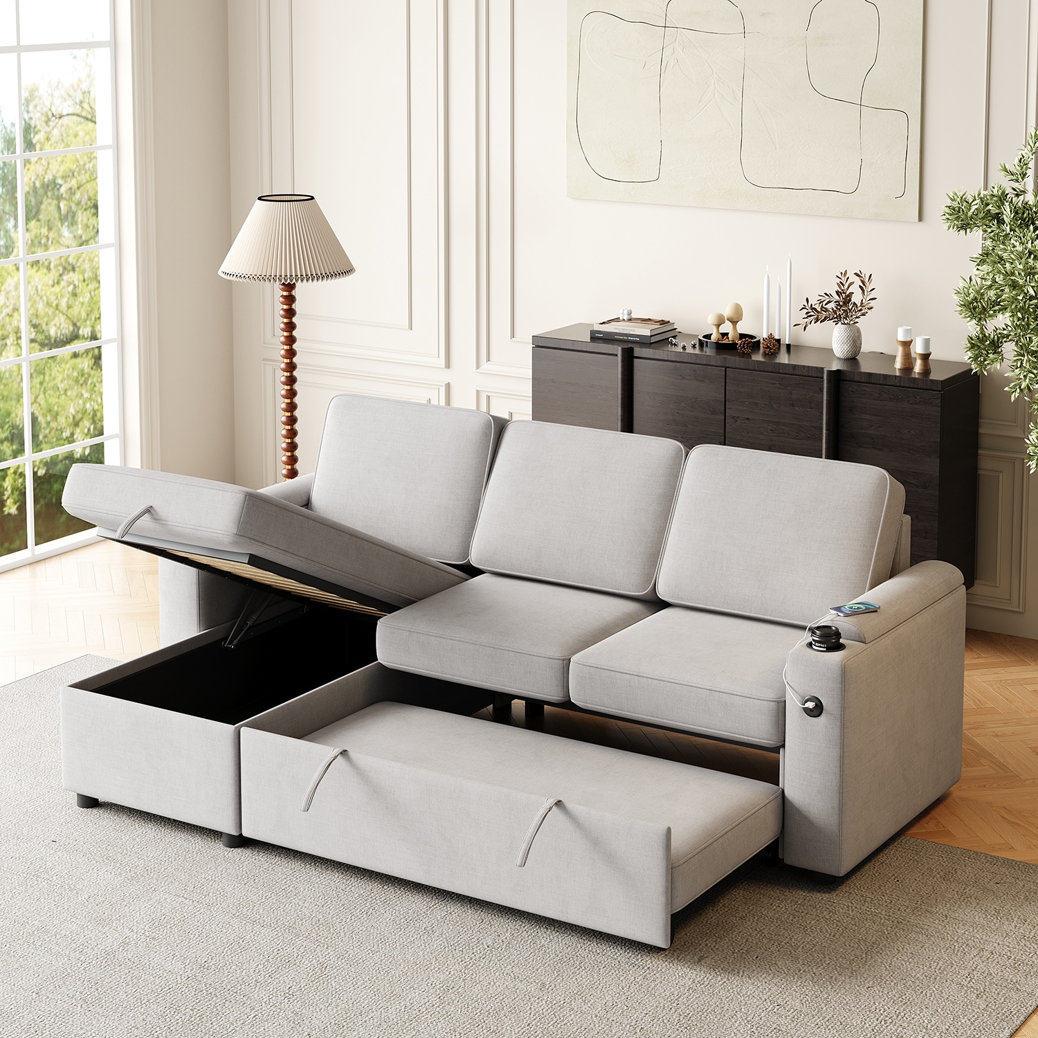 GZMR GZ-9S00082 Reclining Pull-Out Modular Sectional Sofa Bed with Storage 85.8-in Modern Gray 3 -seater Reclining Sleeper
