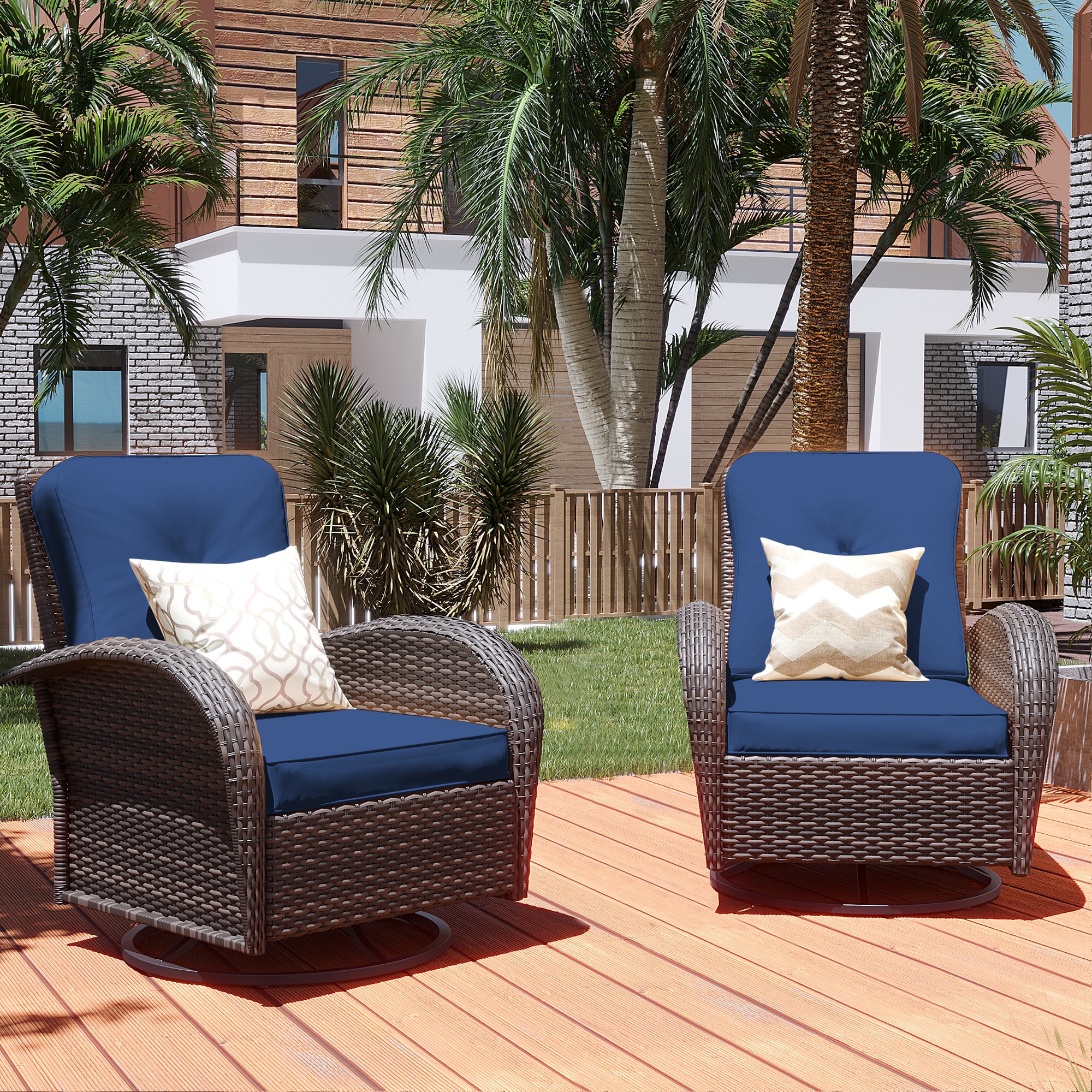 Patio Watcher FTY-2C-G2 Swivel Chair Set of 2 Rattan Brown Metal Frame Swivel rocker Rocking Chair with Navy Cushioned Seat